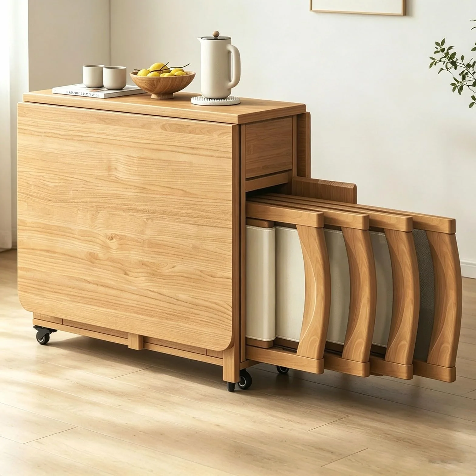 Genérico Juego de Mesa de Comedor Plegable, Mesa de Madera Maciza con alas abatibles con 4 sillas, Ahorra Espacio, Comedor Plegable Extensible Ideal para Cocina, Sala de Estar o Restaurante-1,4 m
