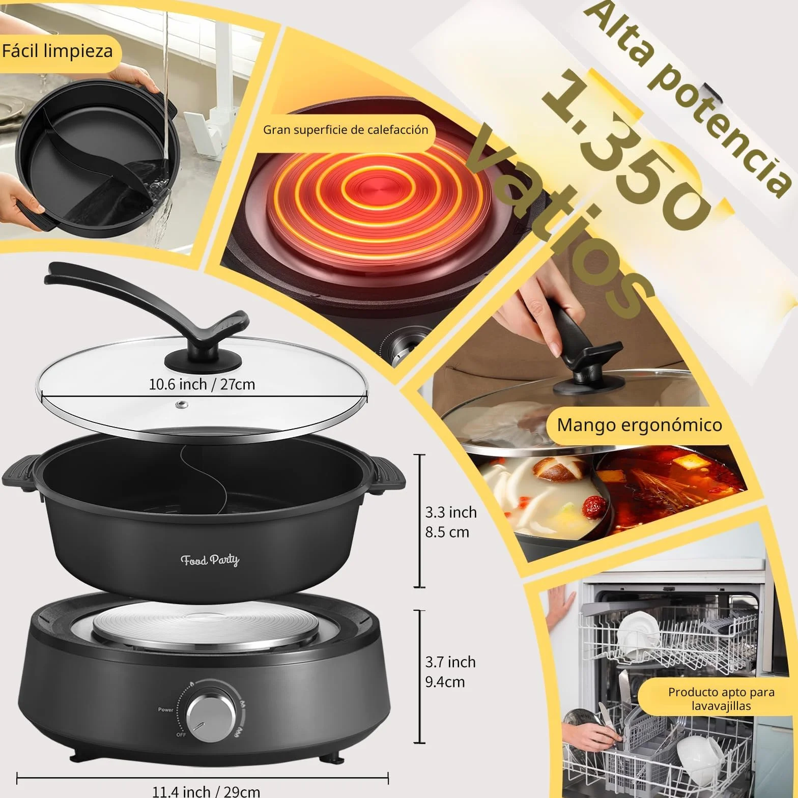 Food Party Olla Hot Pot Eléctrico 4L 220V 1350W Separable Fondue Shabu Shabu