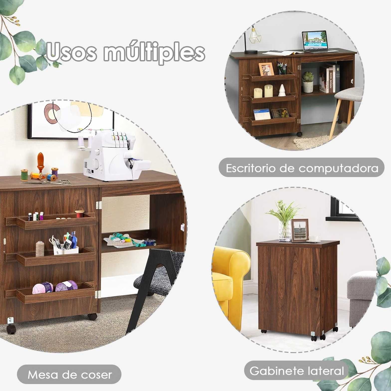 COSTWAY Mesa Maquina de Coser Plegable, 2 en 1 Mueble Maquina Coser con 3 Compartimientos, 1 Estante de Almacenamiento y 5 Ruedas Bloqueables, Mesa de Costura Que Ahorro de Espacio (Marrón Oscuro)