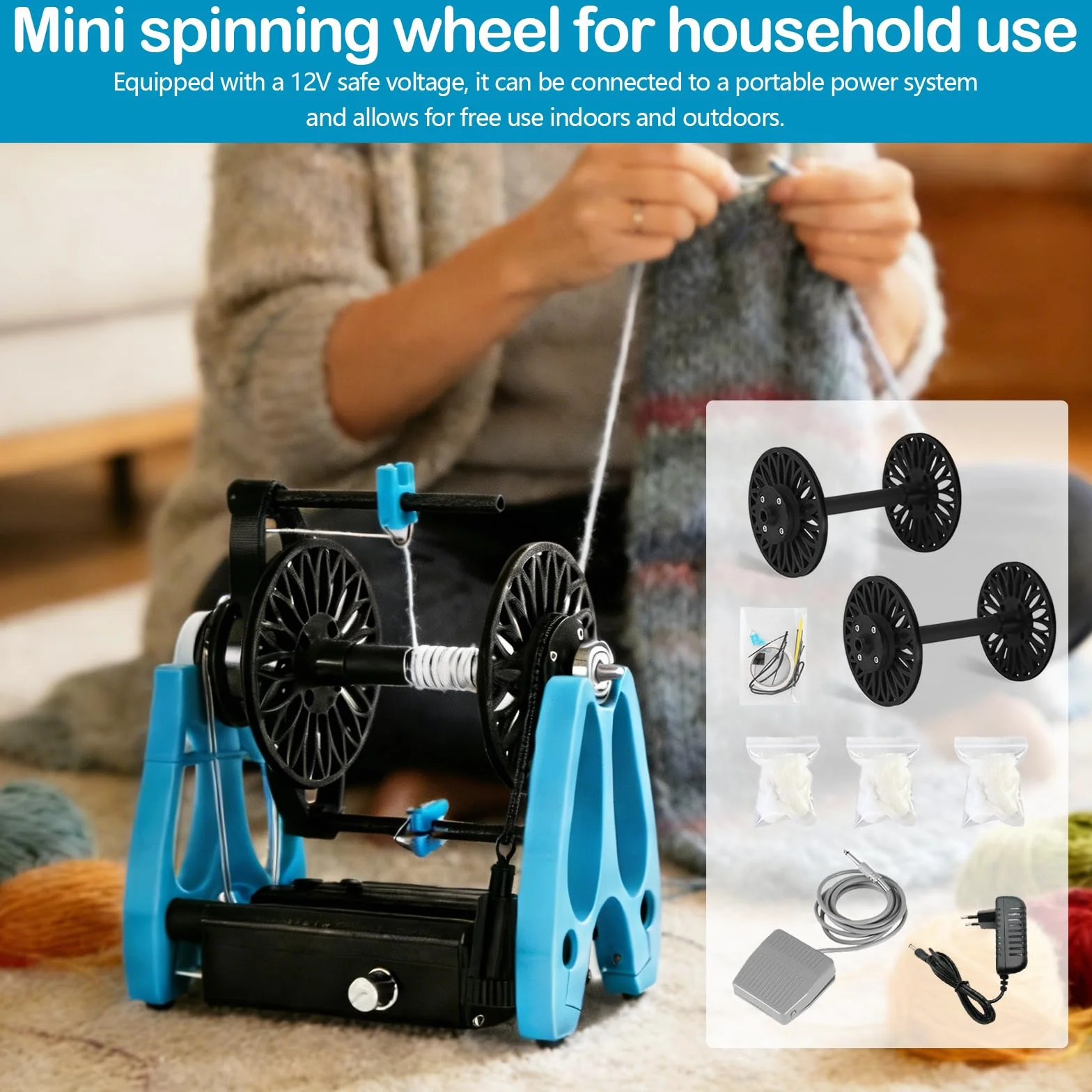 Rueca Eléctrica, Mini Rueca Doméstica Para Hilar Lana Con Pedal, Control De Velocidad Continuo Bobinadora Hilo De 1800 Rpm MáQuina De Hilar Fibra De AlgodóN Y Seda Conmutación Avance y Retroceso
