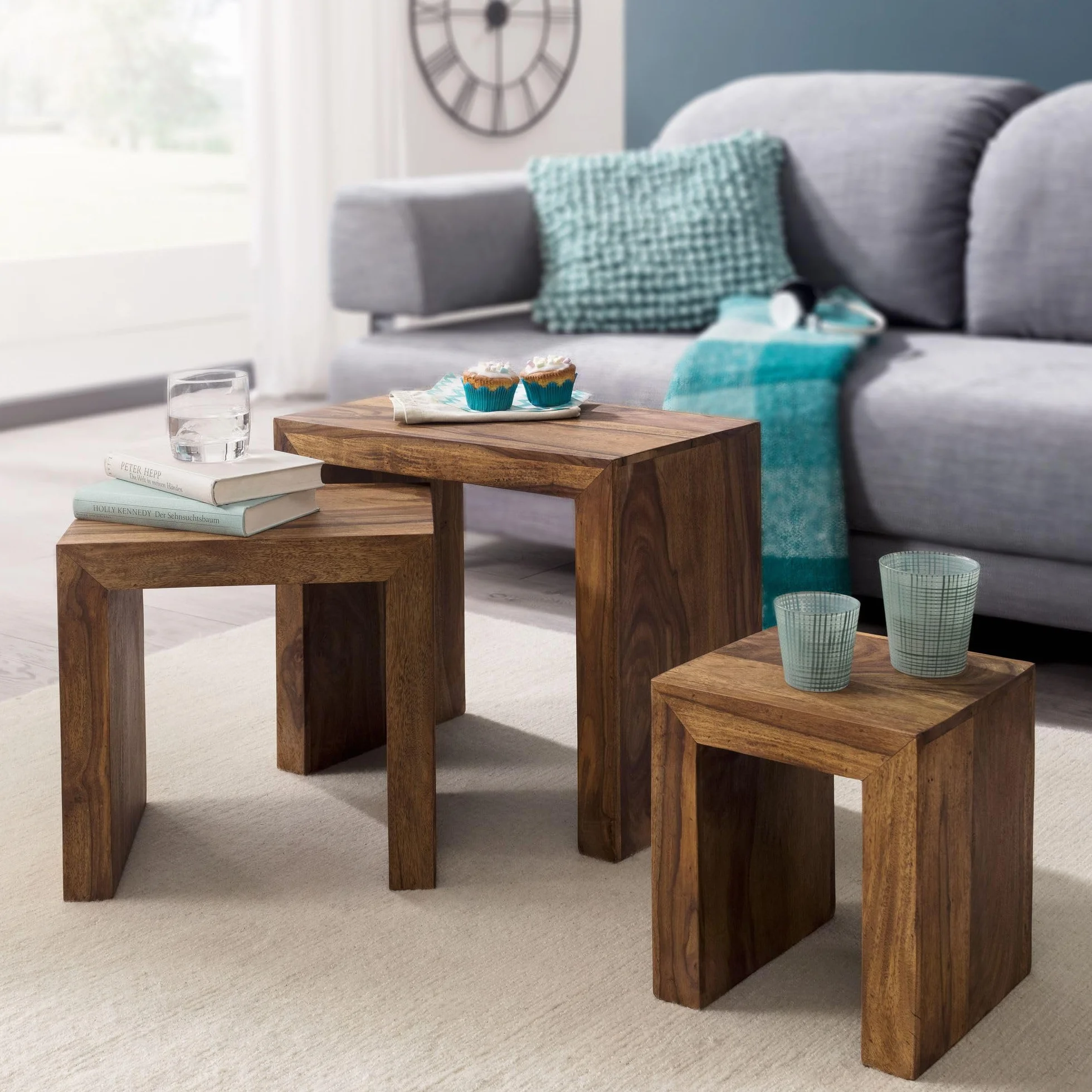 FineBuy Juego de mesas auxiliares de 3 Piezas Madera Maciza | Mesas de Centro Marrón | Mesas Modernas para el salón