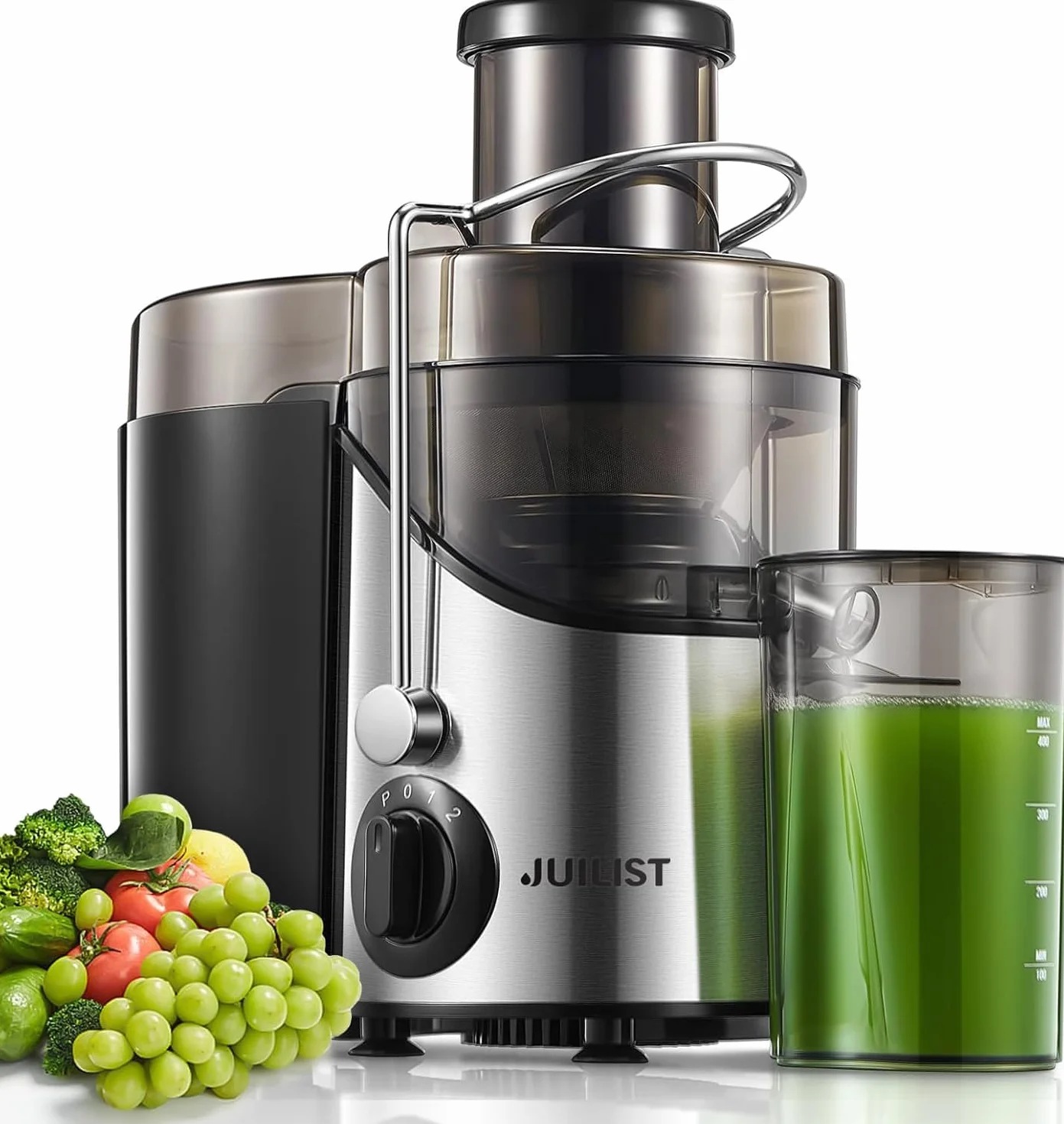 JUILIST Licuadoras Para Verduras y Frutas 400W Extractor de Jugo 65MM Boca Ancha 3 Velocidades Acero Inoxidable Sin BPA