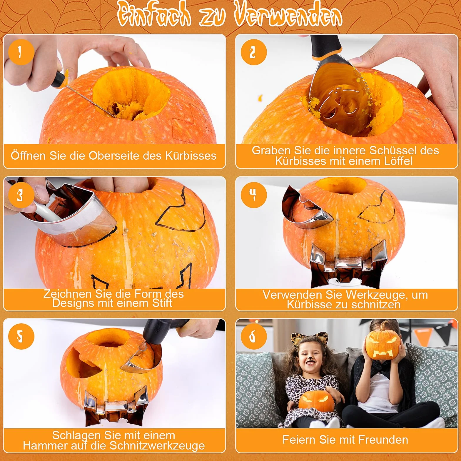 Meetory Juego de 13 piezas para tallar calabaza de Halloween, kit de acero inoxidable con plantillas