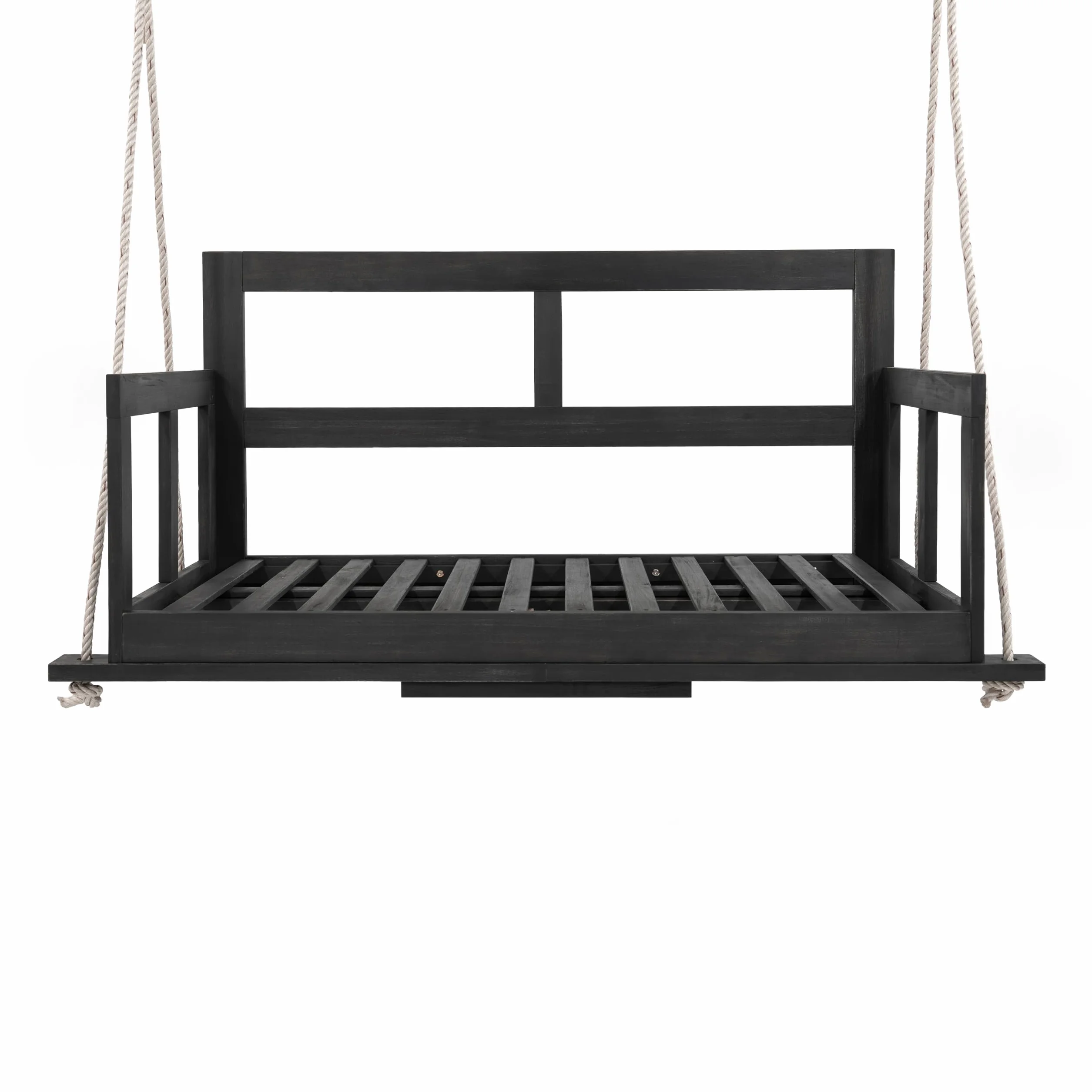 Columpio doble para jardín al aire libre, incluye cojín extraíble lavable y dos cuerdas, de madera de acacia, color negro y beige