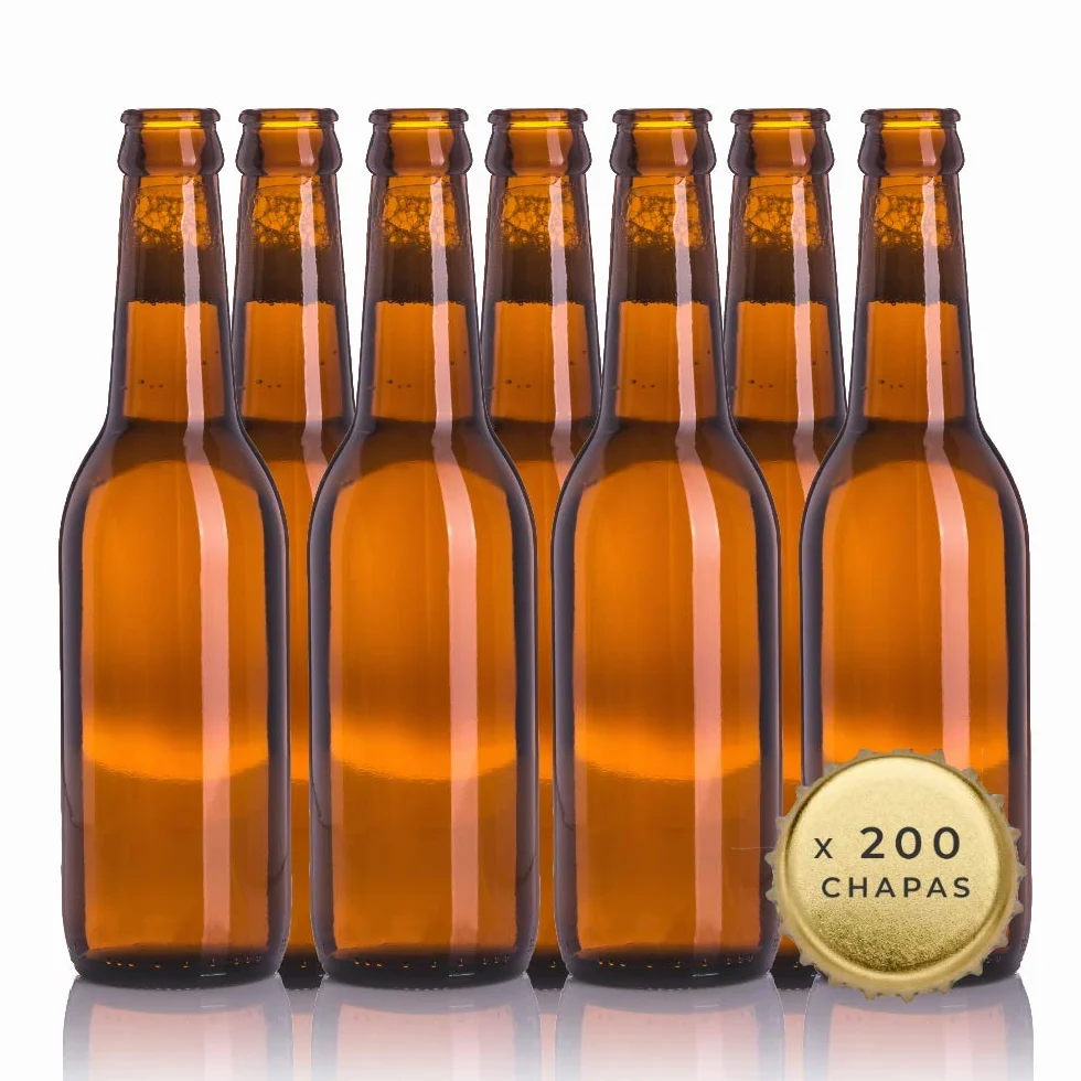 Botellas vacias de cerveza 33cl reutilizables con chapa incluidas | kit 20 botellines y 200 chapas para elaborar cervezas artesana | Pack de botella elaboracion artesanal en casa