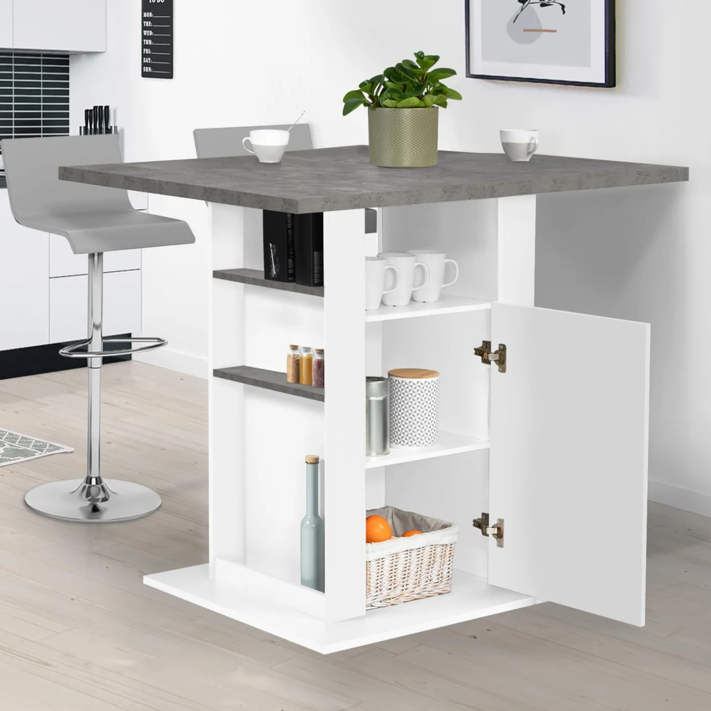 IDMarket - Isla central UGO de 110 cm con encimera de hormigón con efecto blanco y muebles de almacenamiento