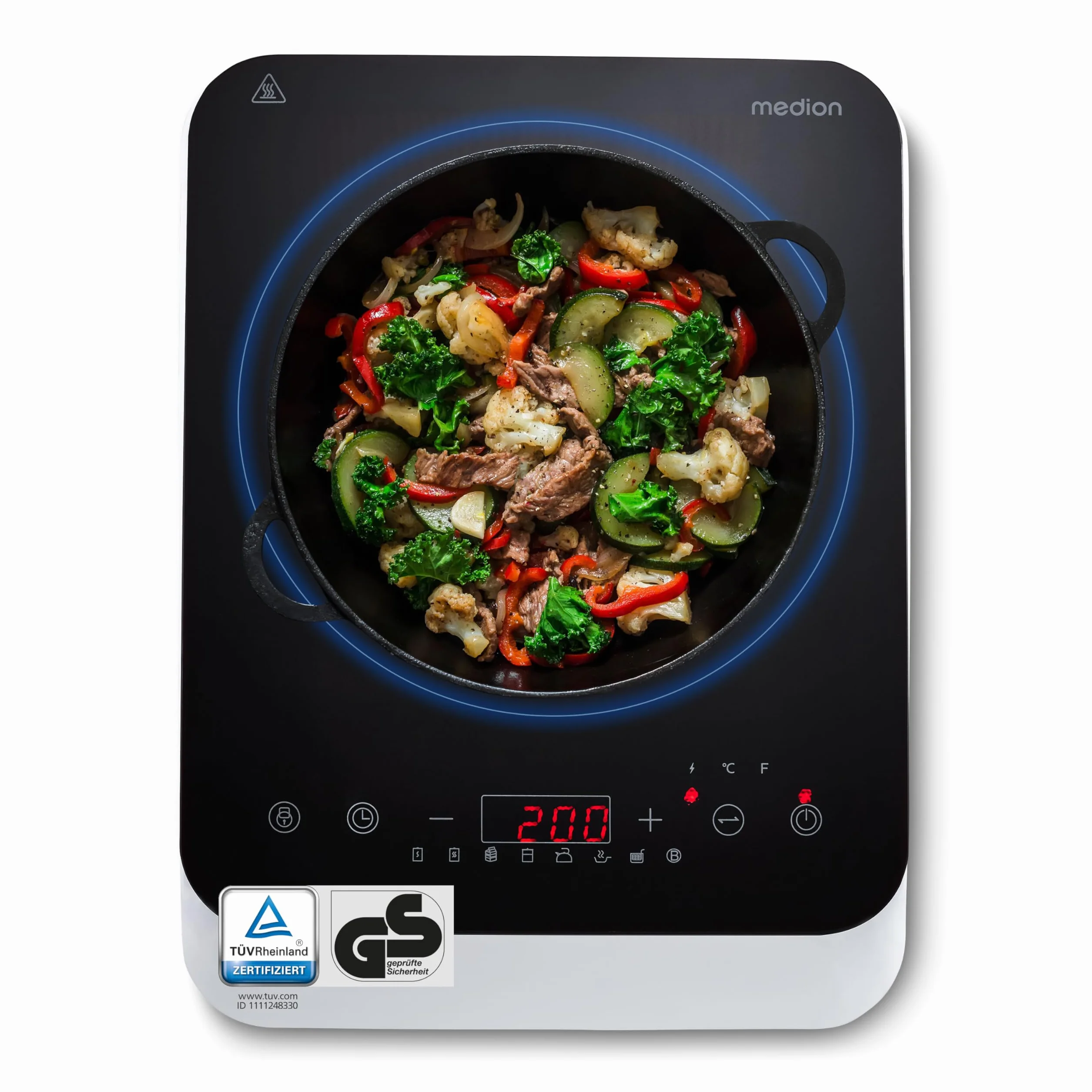 MEDION Placa de inducción (individual, 2000 vatios, placa de inducción, 8 programas automáticos, detección automática de ollas, sensor táctil, pantalla LED, 10 ajustes de temperatura, placa de cristal