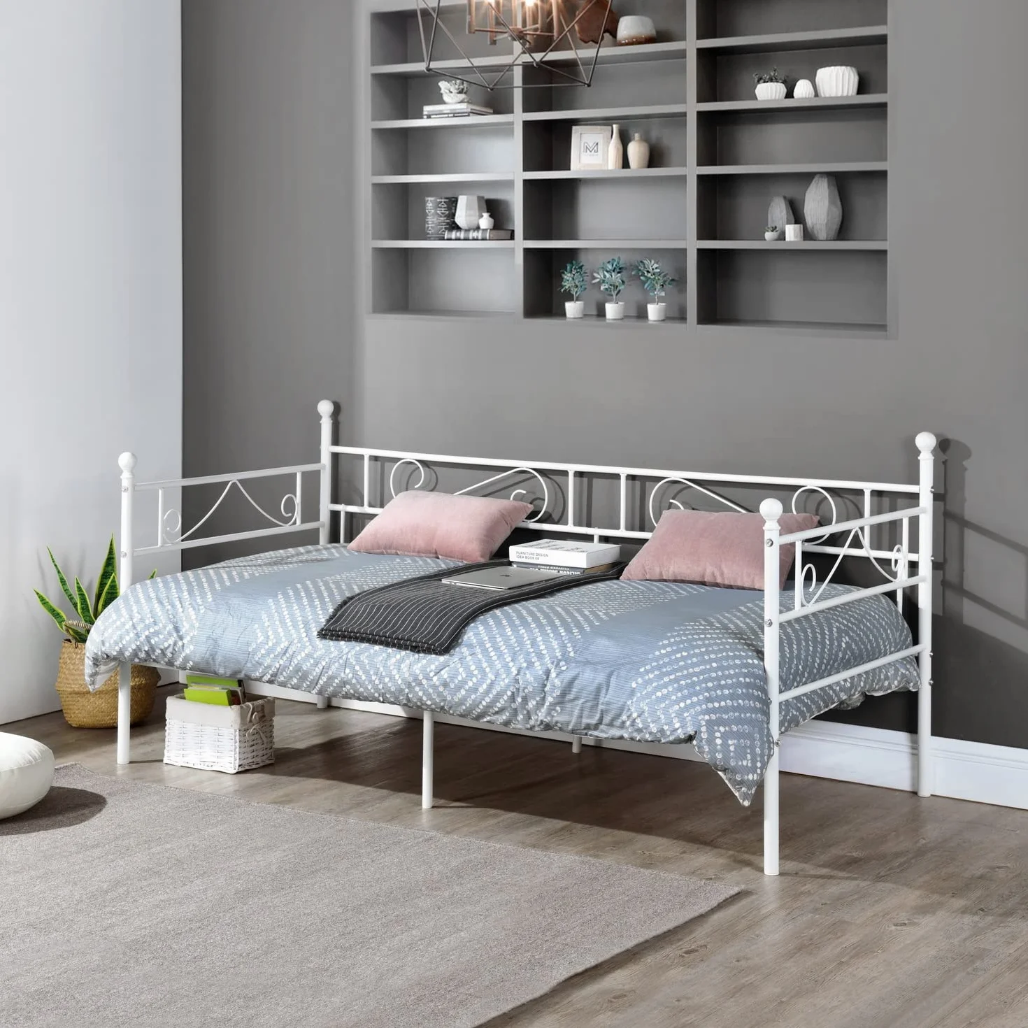 EGGREE Cama Metálica diván Cama Individual Marco de Cama para Niños Habitación Habitación Dormitorio Balcón Jardín Cama Blanco