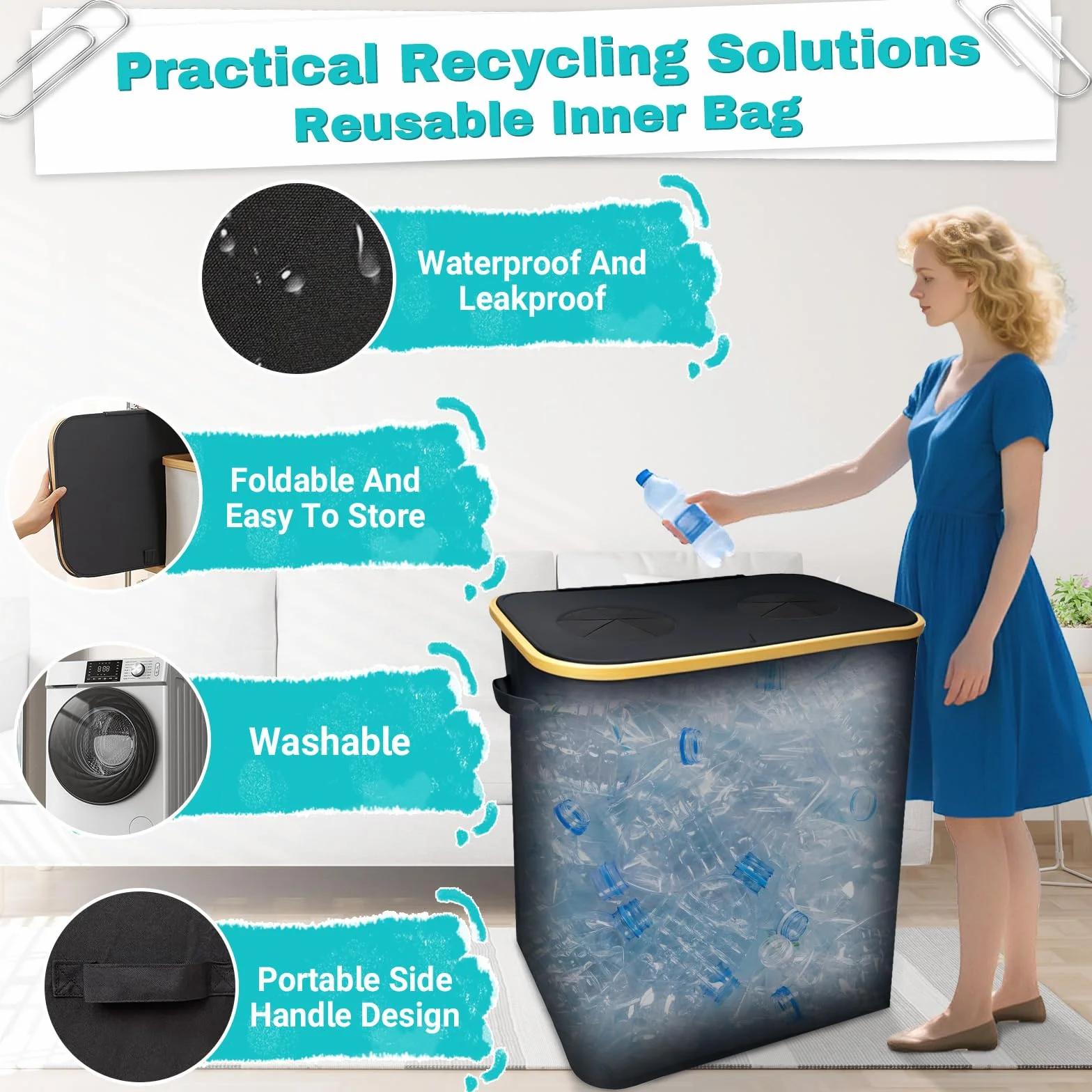 140l Xl Contenedores De Reciclaje Cubos Reciclaje Con 2 Bolsas De Transporte Recolector De Botellas Reutilizable Basura Reciclaje Colector De Botellas Cestos Para La Colada Plegables Cesto Ropa Sucia