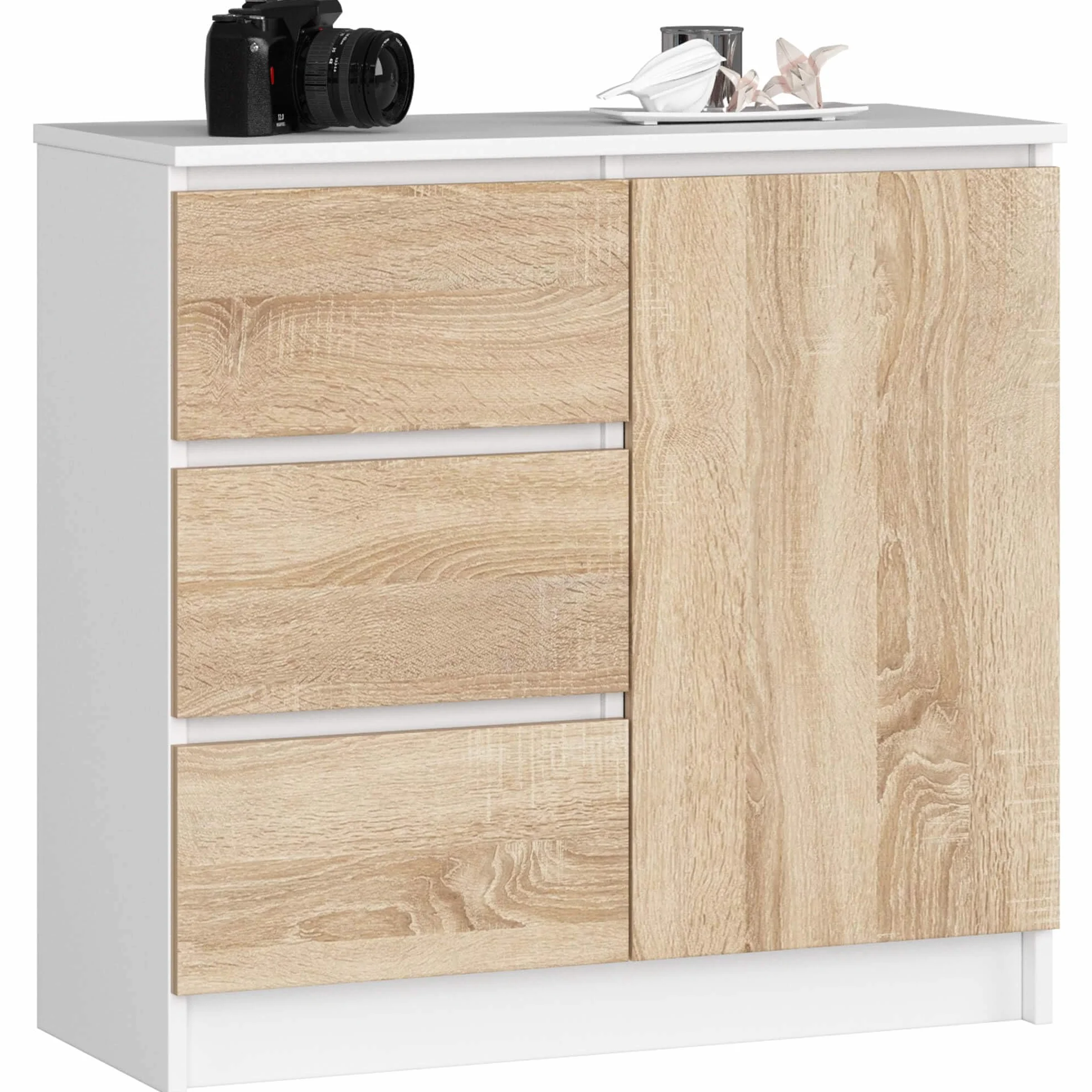 AKORD Cómoda Jerry | Cajonero con 1 Puerta 3 Cajones 2 Estantes | Credenza Alta 80 cm | 80x35x77 cm | Blanco & Roble Sonoma Frente