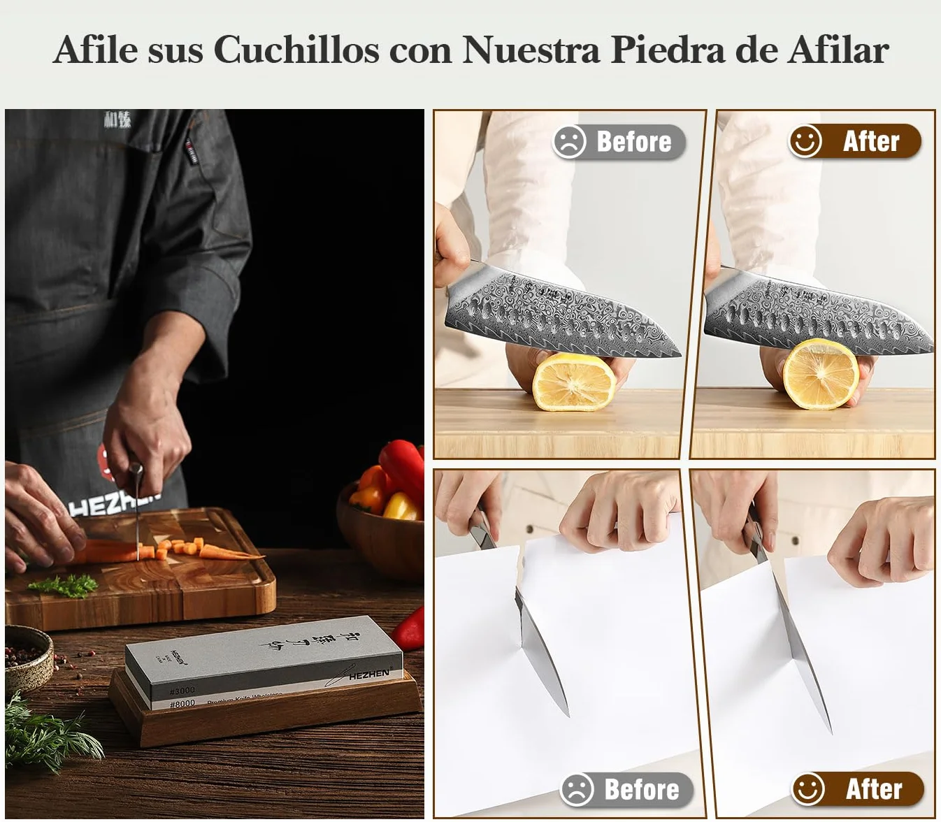 HEZHEN Piedra de Afilar Grande de Corindón Blanco, Grano 3000/8000 Doble Cara Afilador de Cuchillos Profesional, con Base Antideslizante de Madera, Guía de Ángulo y Piedra de Aplanamiento