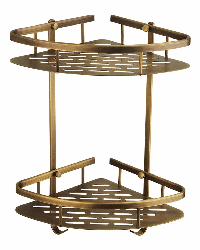 Organizador de ducha de baño montado en la pared, estante esquinero de 2 niveles, cesta de almacenamiento con gancho, bronce antiguo, soporte para champú, organizador de baño para pared de ducha