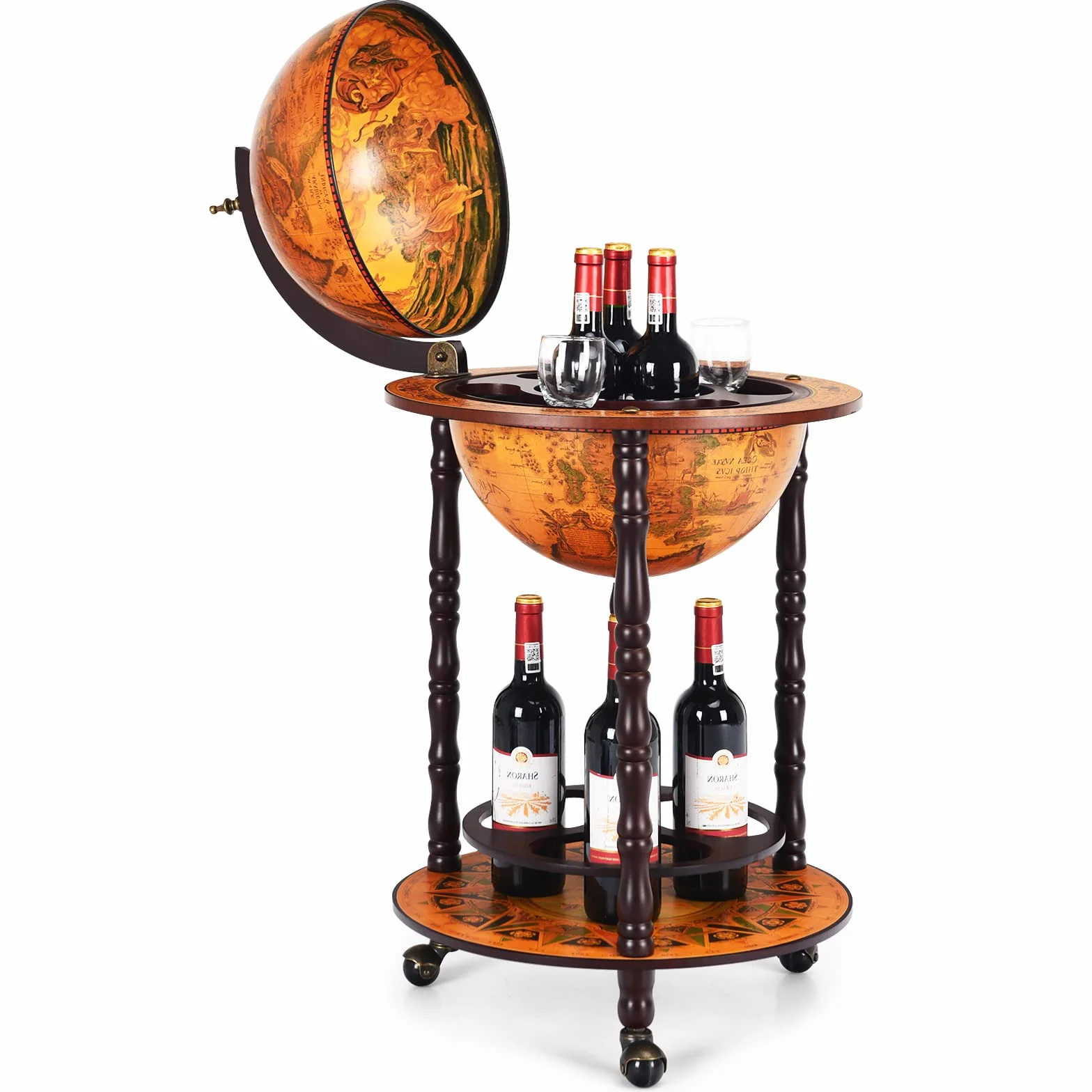 KOMFOTTEU Botellero Bar Globo Terráqueo con Ruedas, Soporte para Botellas de 2 Niveles, Carrito de Bar de Madera, Mueble Minibar para Bebidas, para Restaurante, Fiesta (Marrón, 47 x 47 x 90 cm)