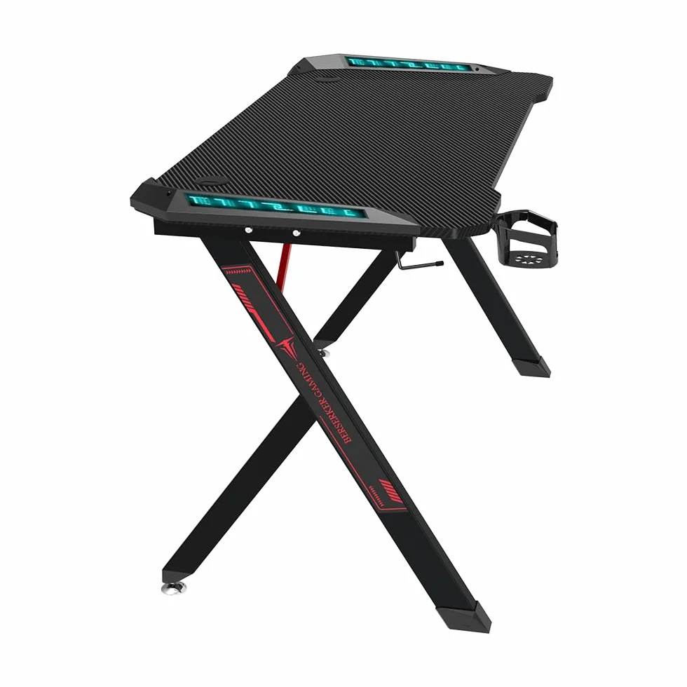 Mesa Gamer con LED, 113 x 60 x 75 cm, Superficie Resistente, Gestión de Cables, Negro