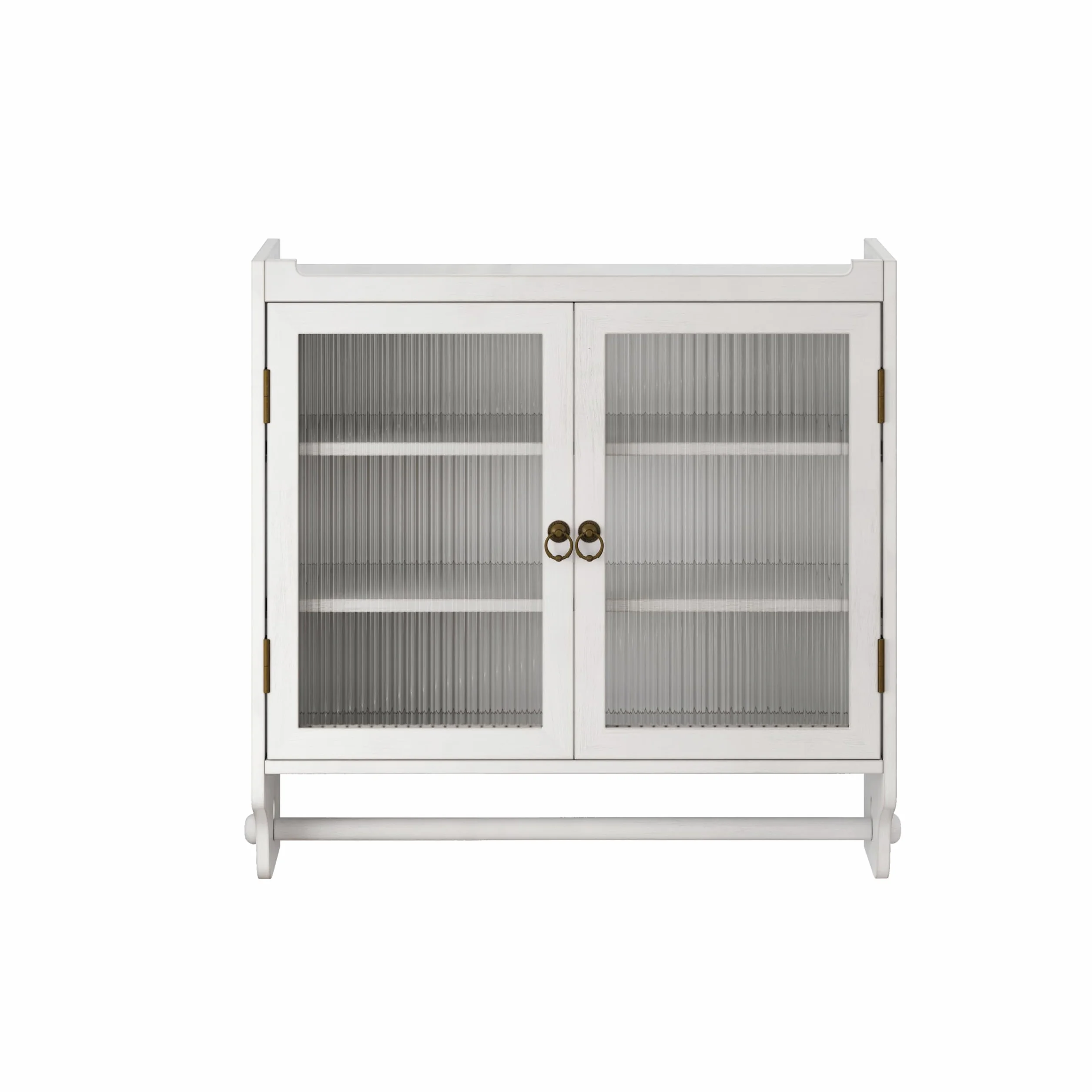 Gabinete de pared vintage de doble puerta de cristal con tres niveles de almacenamiento y estante de toalla, para baño, cocina o sala de comedor, blanco lavado (blanco)