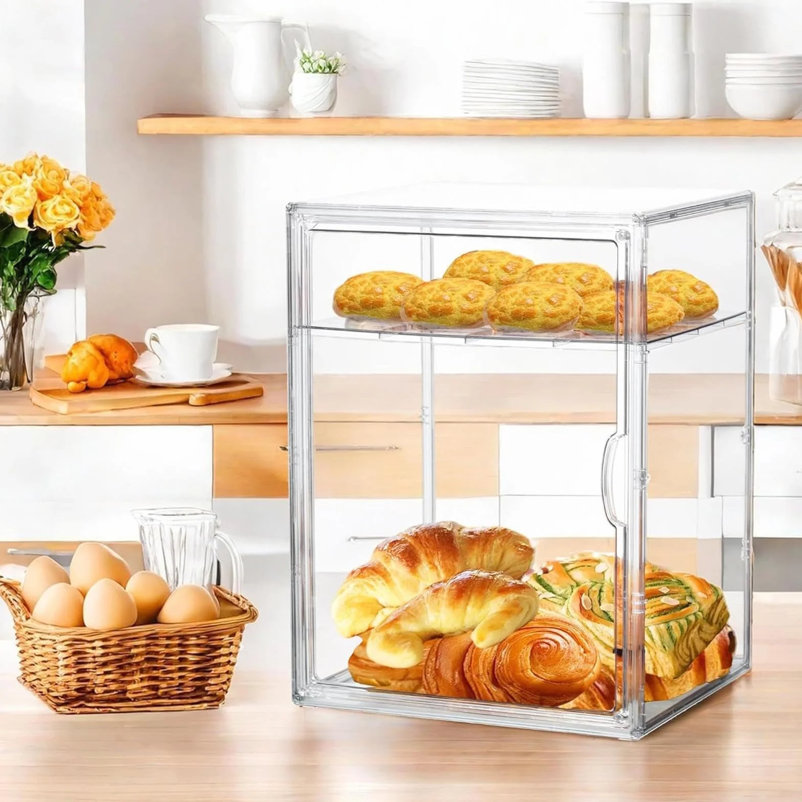 Expositor De Panadería Contenedor Ajustable De Acrílico Transparente | Contenedor De Pan Para Encimera De Cocina para encimera, esquina, despensa, sándwich, tostada, hogaza, masa, bollo,