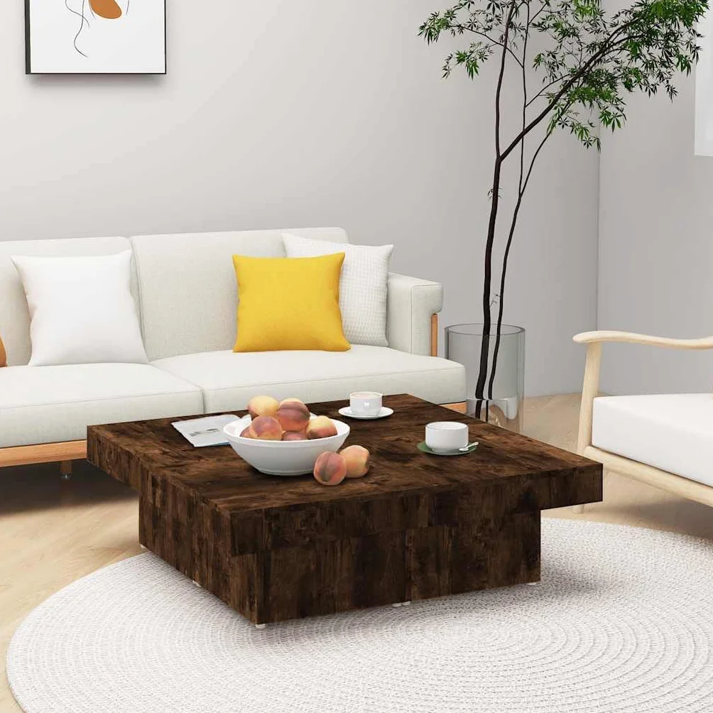 Mesa de centro de roble ahumado, 90 x 90 x 28 cm, mesa de salón cuadrada de madera, robusta mesa de café para aperitivos y artículos decorativos