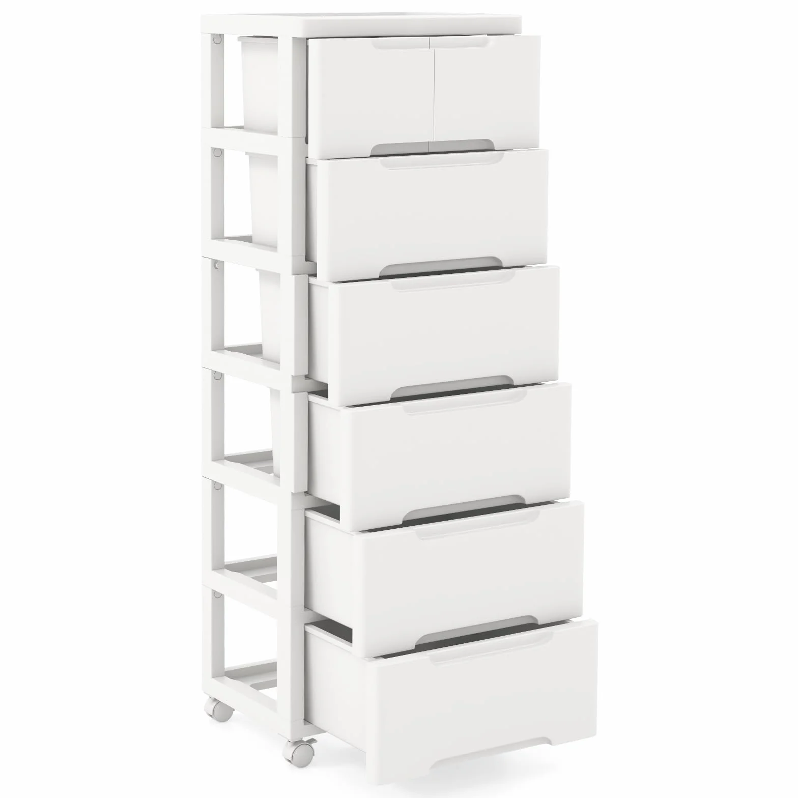 GOPLUS Carro de Almacenamiento de Plástico con Cajones, Mueble Organizador Móvil con 4 Ruedas Universales, Contenedor de Almacenamiento Vertical para Dormitorio, Oficina (Blanco, 6 Cajones)