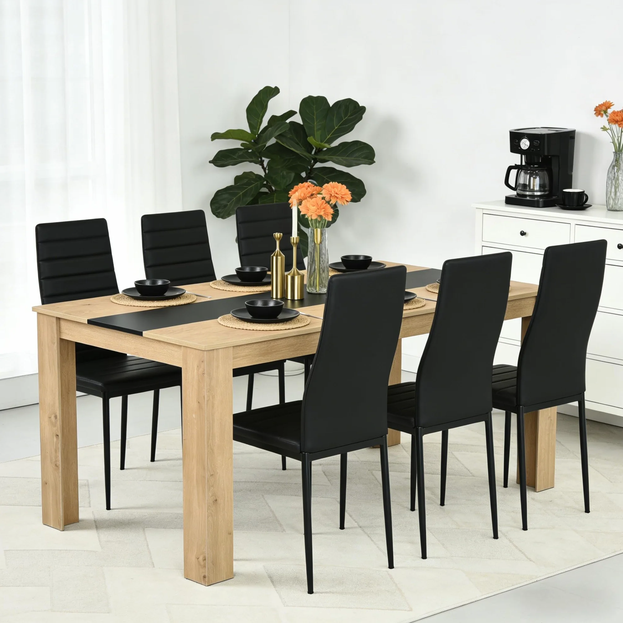 Conjunto 1 Mesa y 6 Sillas Comedor, Mesa:140x70x75cm, Silla:40x39x98 cm, Ideal para Comedor, Cocina y Salon, Mesa y Sillas Cocina