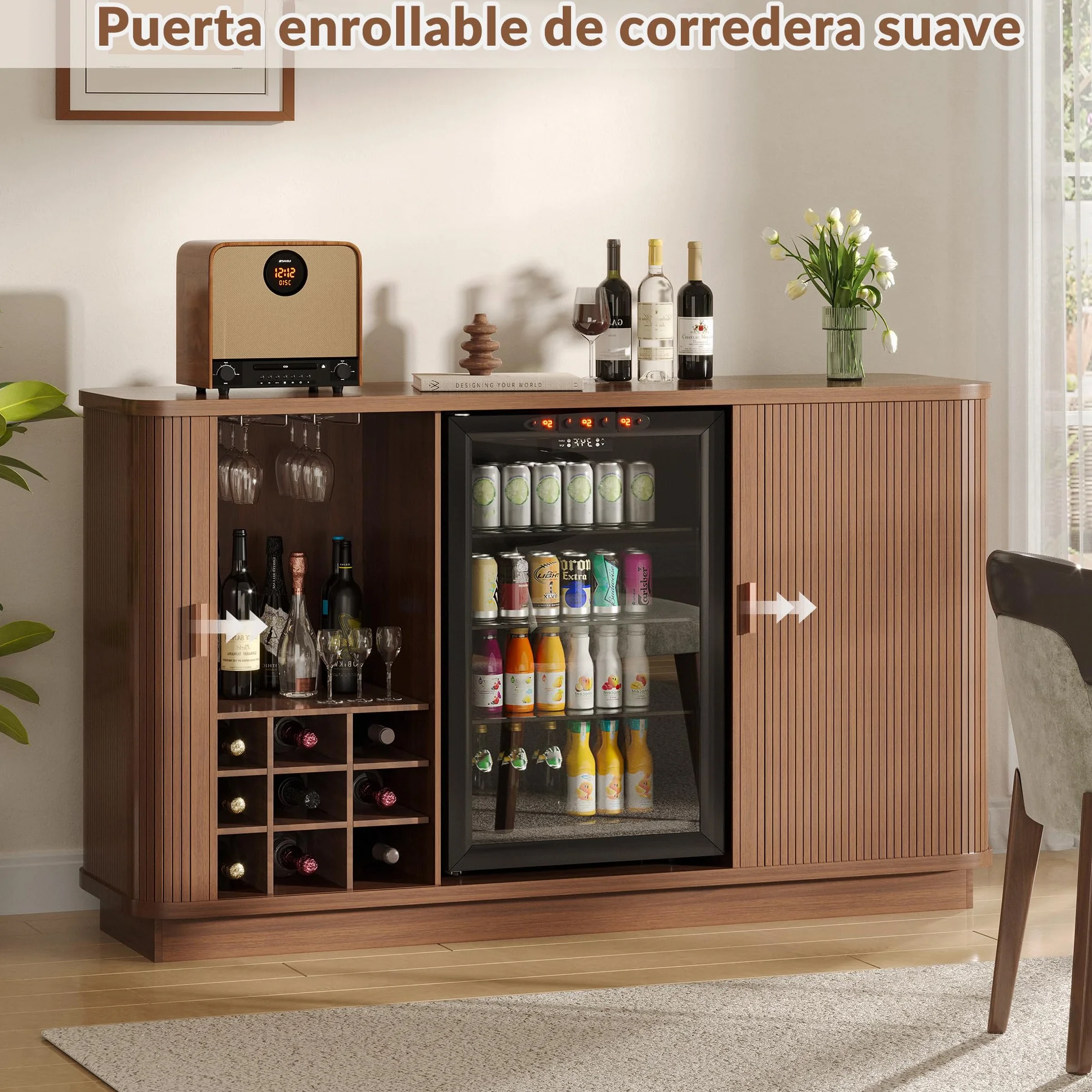Aparador buffet estriado de 130 cm de largo, mueble bar de café con espacio para refrigerador,mueble bar de vinos retro con puertas enrollables,estantes ajustables y botellero para cocina y comedor