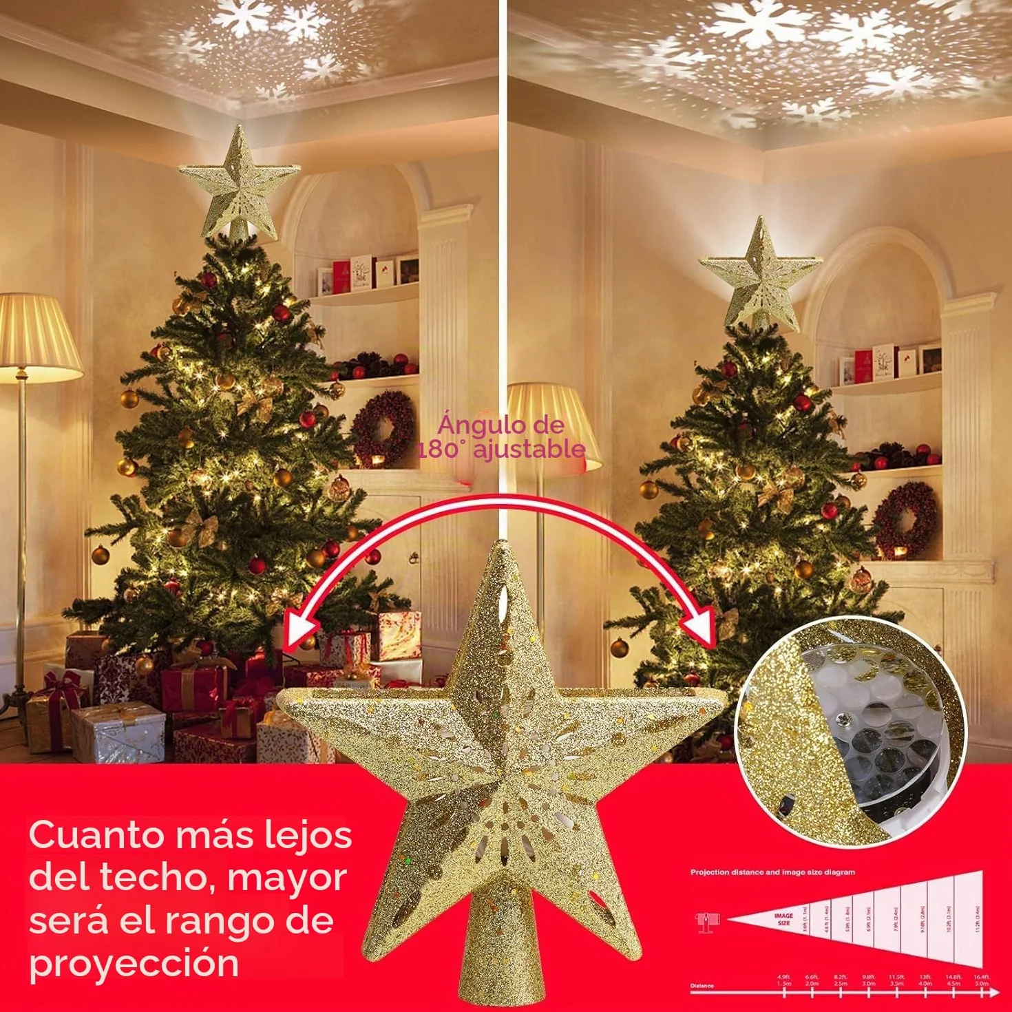 Avoalre Estrella Arbol Navidad con Proyector LED de Copo de Nieve Giratorio Proyector Luces Decoración árbol de Navidad para Hogar Oficina Bar Hotel - Dorado