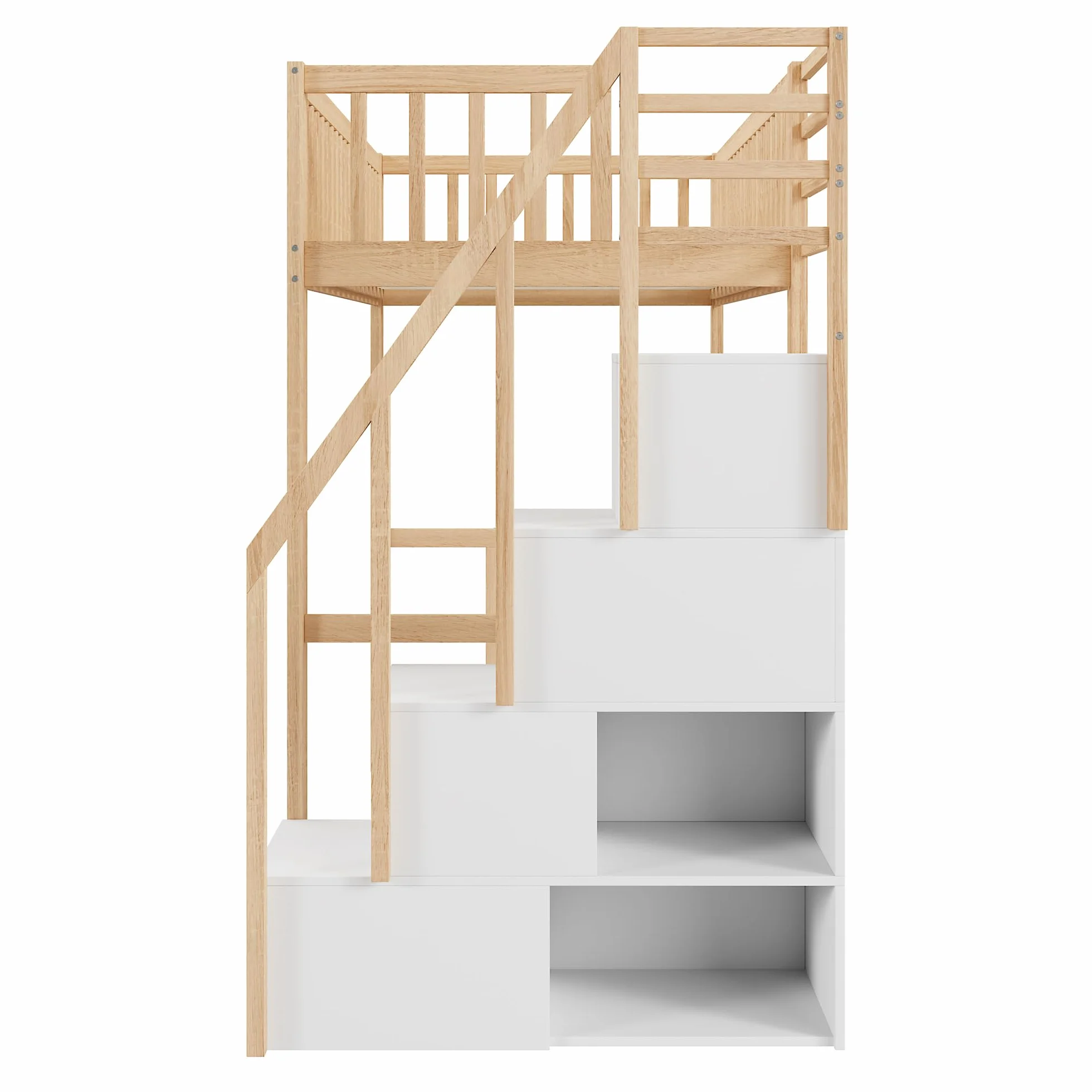 Moimhear Cama alta 90 x 200 cm con escalera de almacenamiento de seguridad, estructura de cama de pino macizo para niños y jóvenes (color madera + blanco)