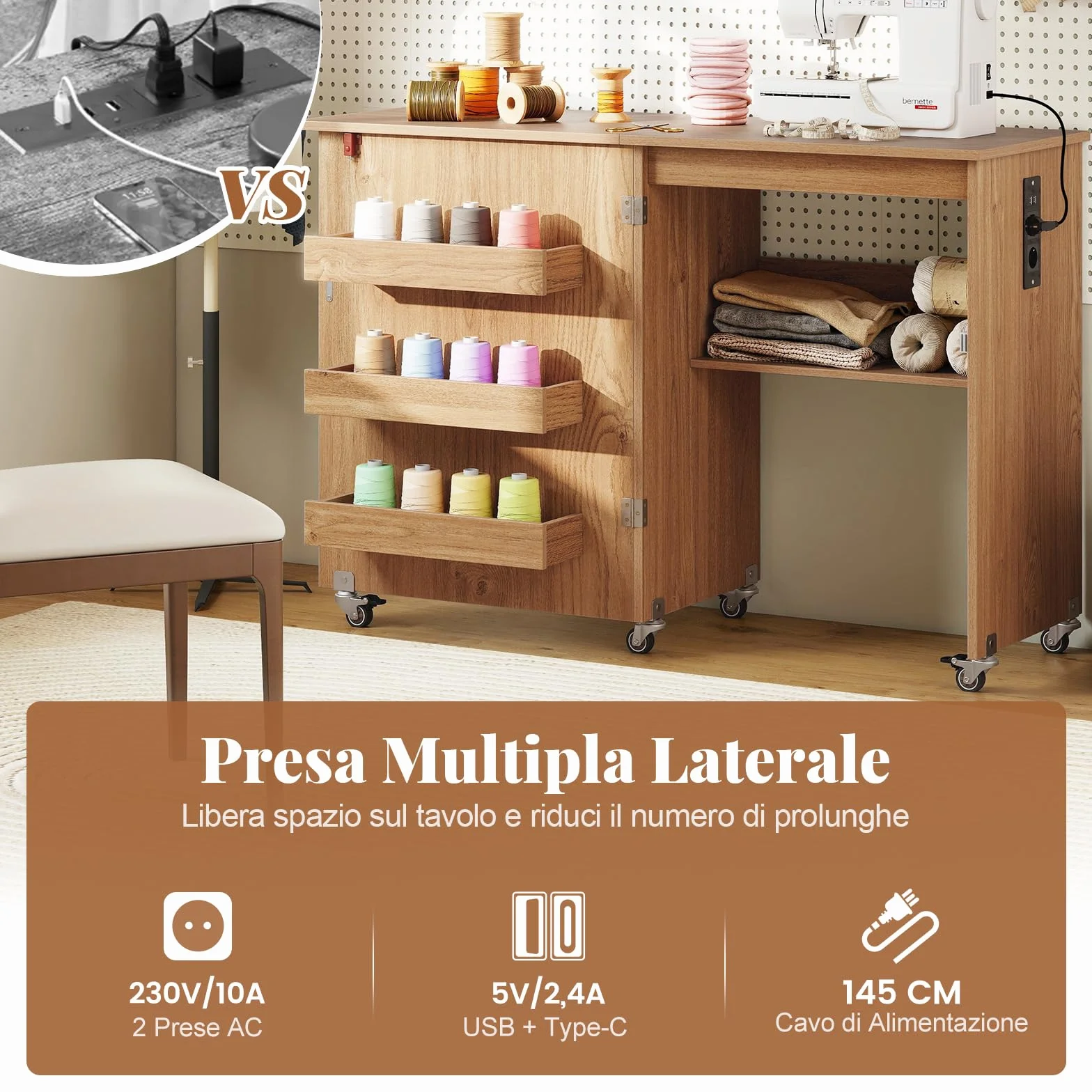 RELAX4LIFE Mesa de Costura Plegable con 3 Compartimentos, Estante, Estación de Carga Integrada, Mesa para Máquina de Coser con Ruedas, 116x40,5x78cm (Natural-con Enchufe)