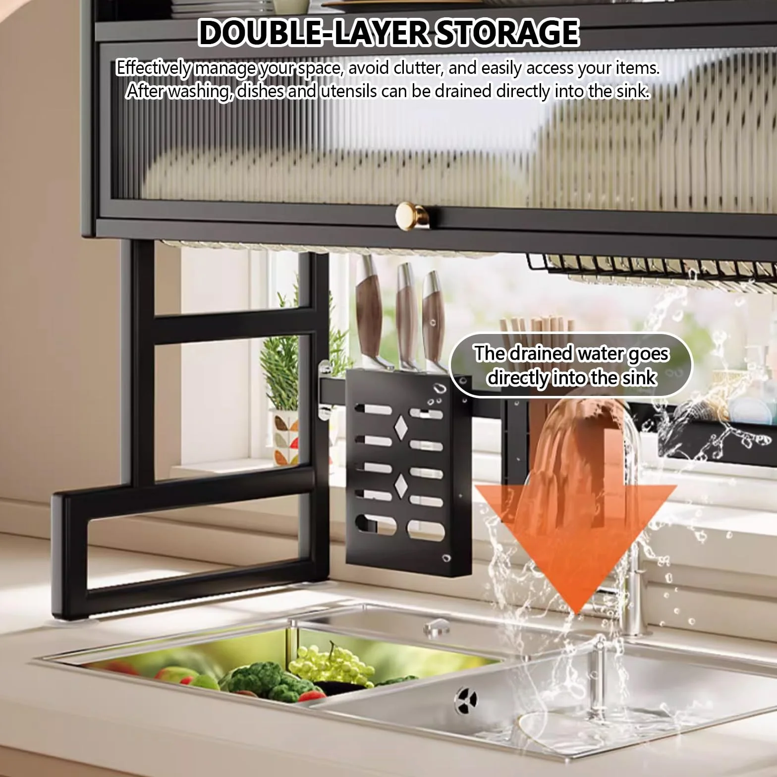 Doble capa Gran capacidad cocina escurreplatos, cocina encimera platos organizador, fregadero escurridor de platos, cubiertos escurreplatos para fregadero sobre.(95cm)