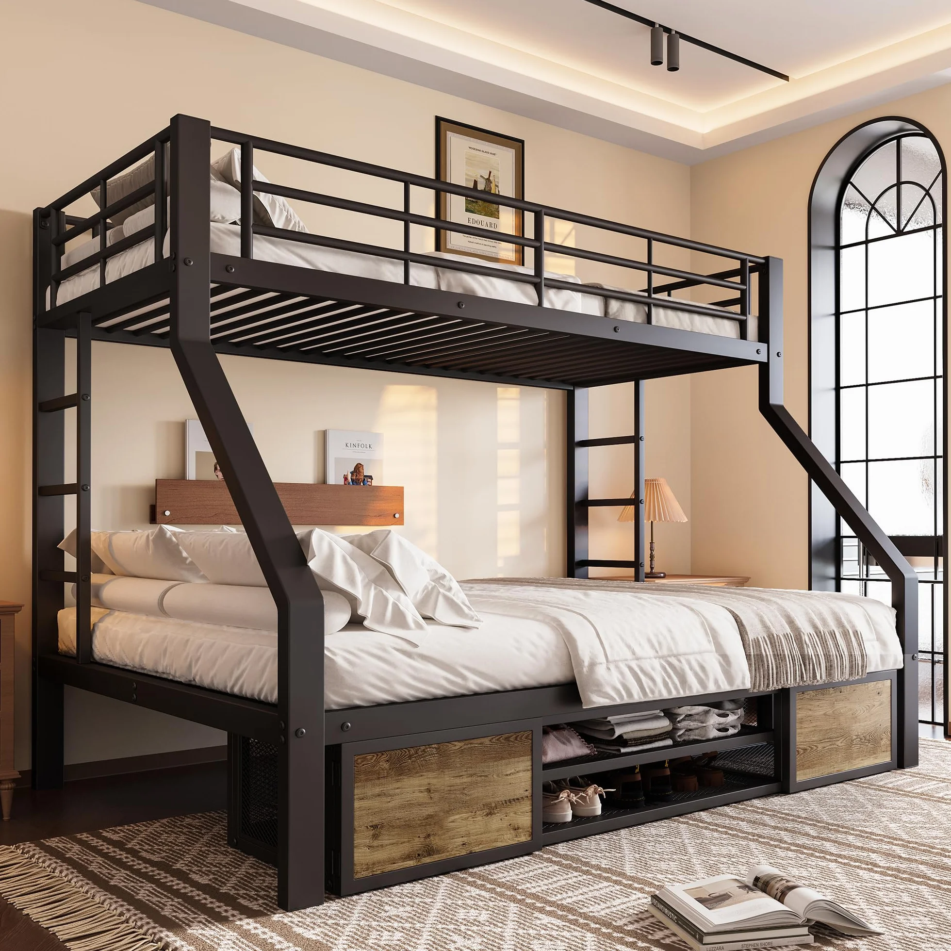 Cama apilable 90 x 200 cm+140 x 200 cm, cama infantil, con zapatero, compartimentos de almacenamiento, barandillas de seguridad, escalera, certificada EN747, sin colchón (Negro)