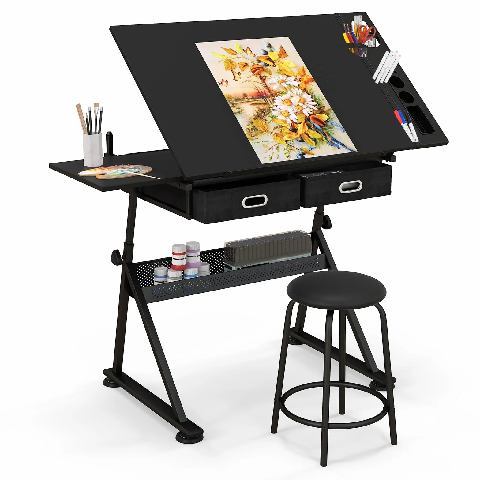 GIANTEX Mesa de Dibujo con Altura Ajustable 73,5-98 cm, Mesa de Pintura con Tablero Inclinable 6 Niveles, 2 Cajones, Mesa Lateral Extensible, Escritorio con Taburete para Artes, Arquitectos (Negro)