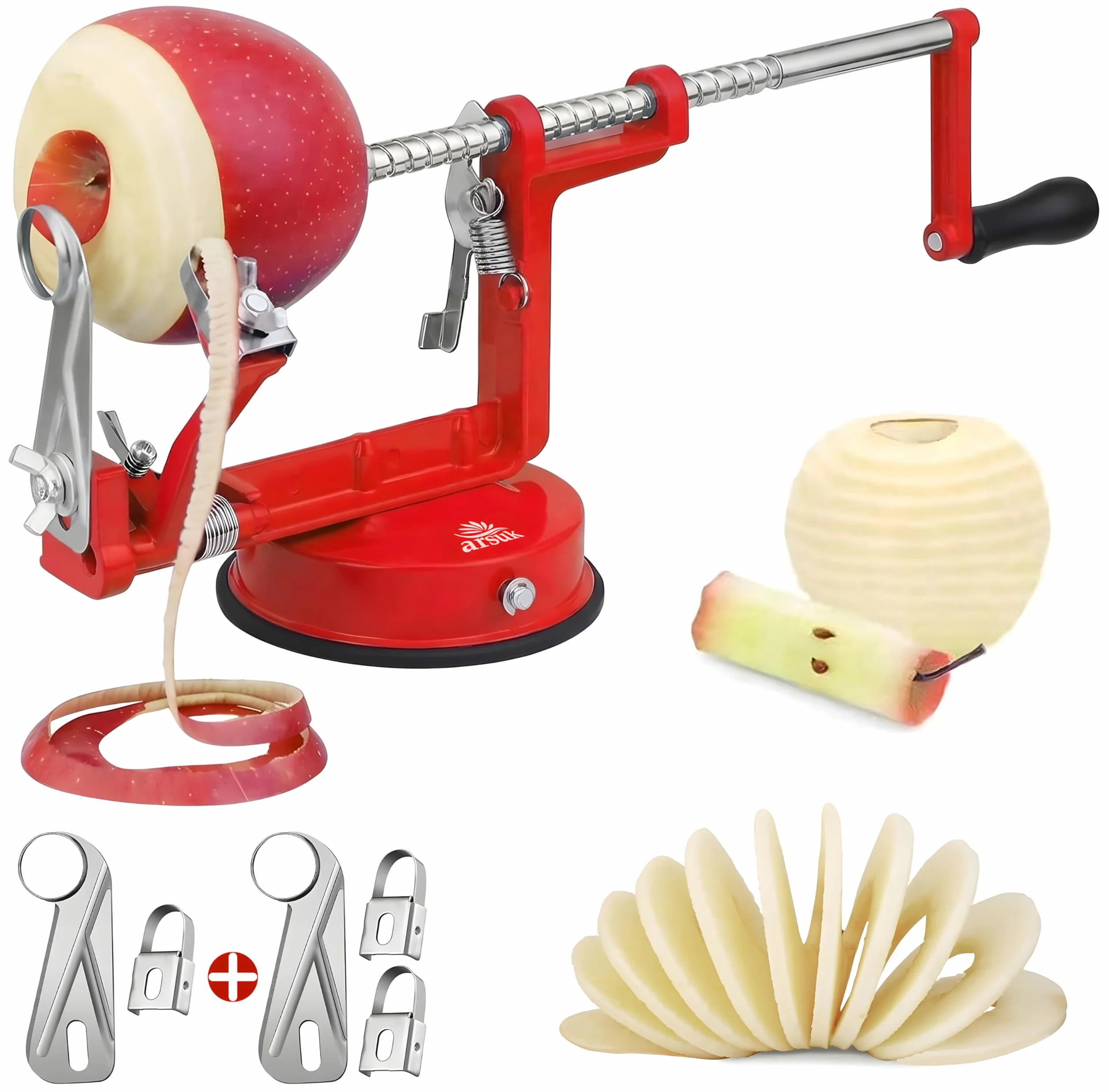 ARSUK 3 en 1 Pelador de Manzanas Manual con Cuchillas de Repuesto, Acero Inoxidable Ajustable