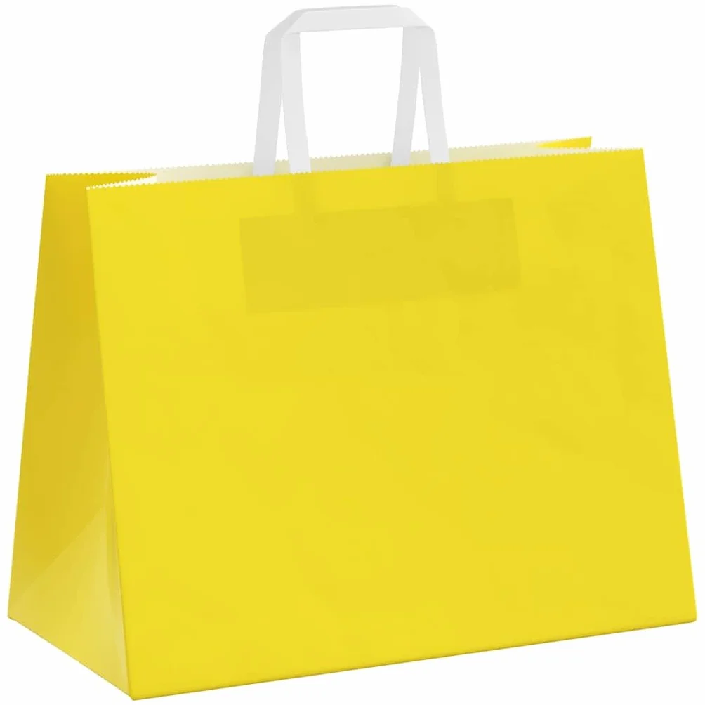 Bolsas de papel amarillo con asas de cuerda de papel, 32 x 17 x 25 cm, 50 unidades, papel de estraza para bolsas de regalo, fiestas, celebraciones, cumpleaños, bodas, Navidad