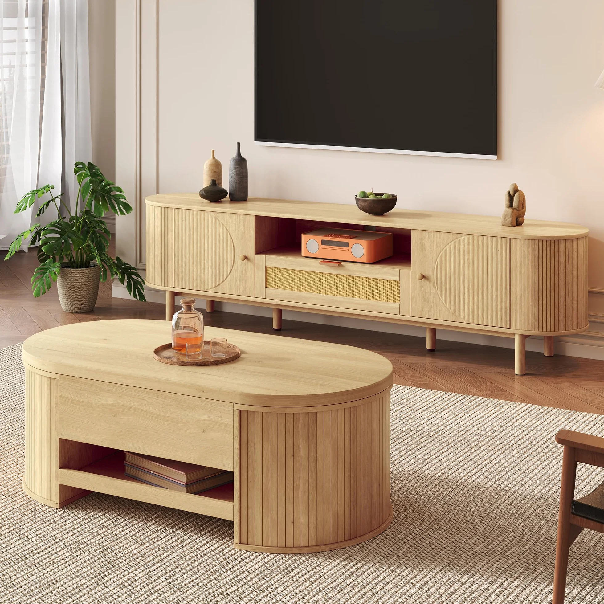 Set de muebles de salón Rosebibi con mesa de centro ajustable en altura y mueble para TV – diseño moderno, espacio de almacenamiento, bordes redondeados – armonía perfecta (mesa de centro+mueble para