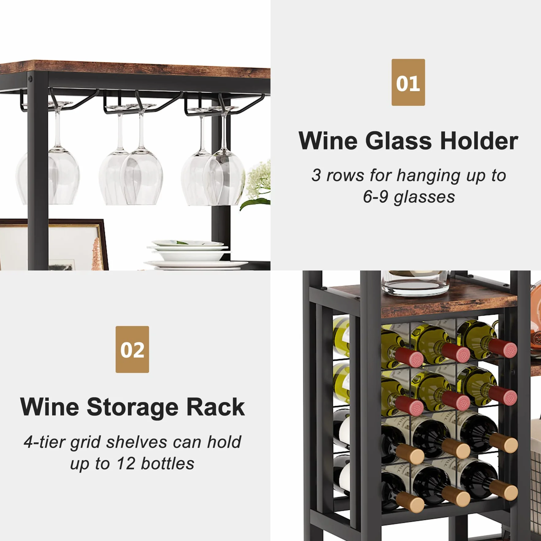 Tribesigns Estante de vino para piso independiente, estante de 5 niveles para panaderos de vino con soporte de vidrio y almacenamiento de vino, gabinete de bar de vino para bar,comedor