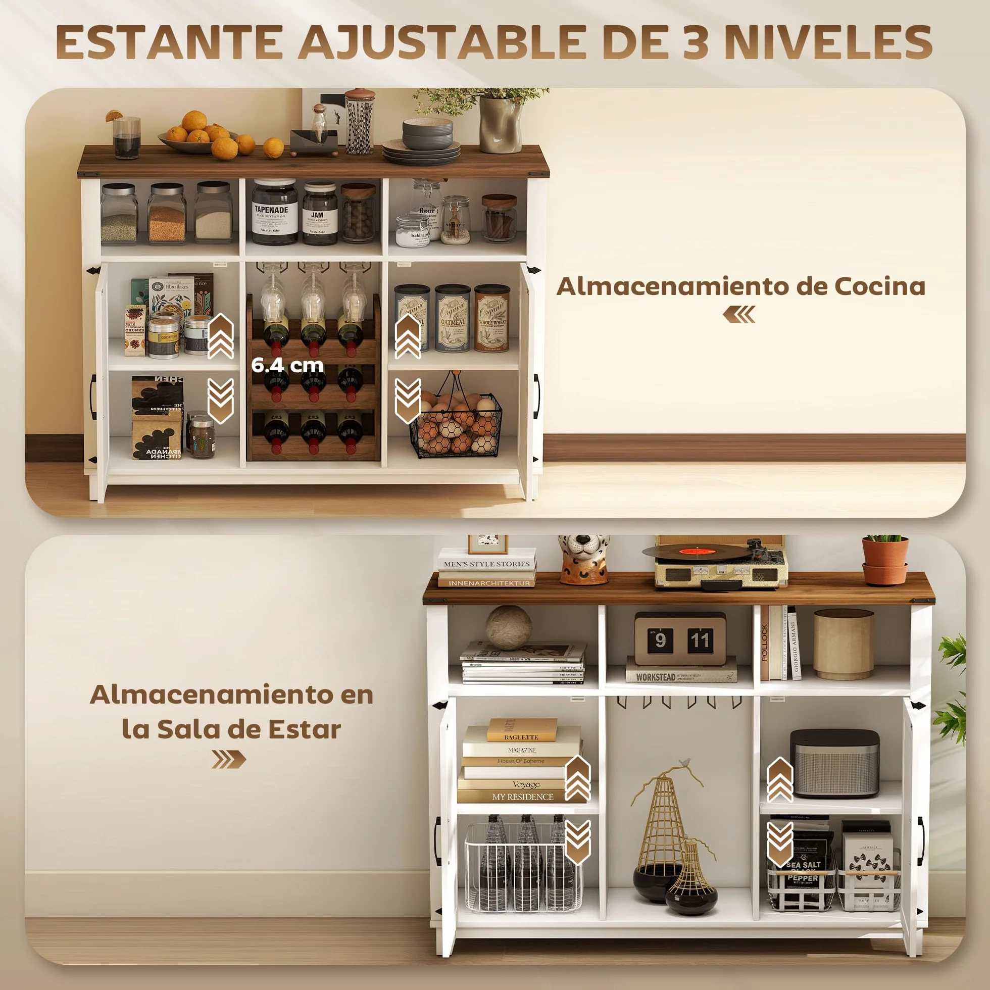 HOMCOM Aparador de Cocina con Botellero, 2 Puertas de Granero, Estantes Ajustables, Soporte para Copas para 9 Botellas, 120x37x88 cm Blanco
