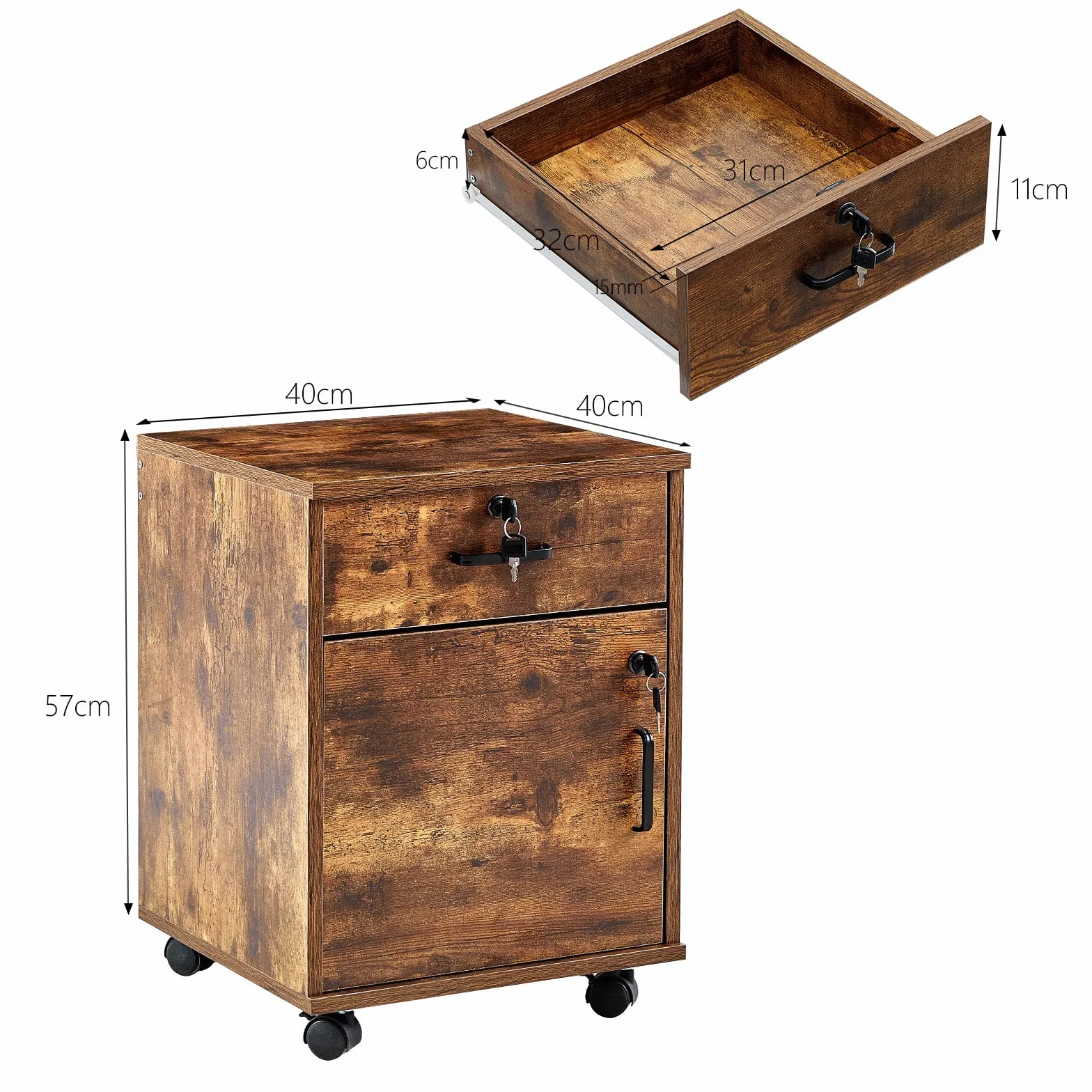 CLIPOP Archivador moderno con cerradura y cajón de madera con 1 almacenamiento cerrado y 4 ruedas rodantes, gabinete móvil para oficina en casa debajo del escritorio para papel A4, cartas y carpetas