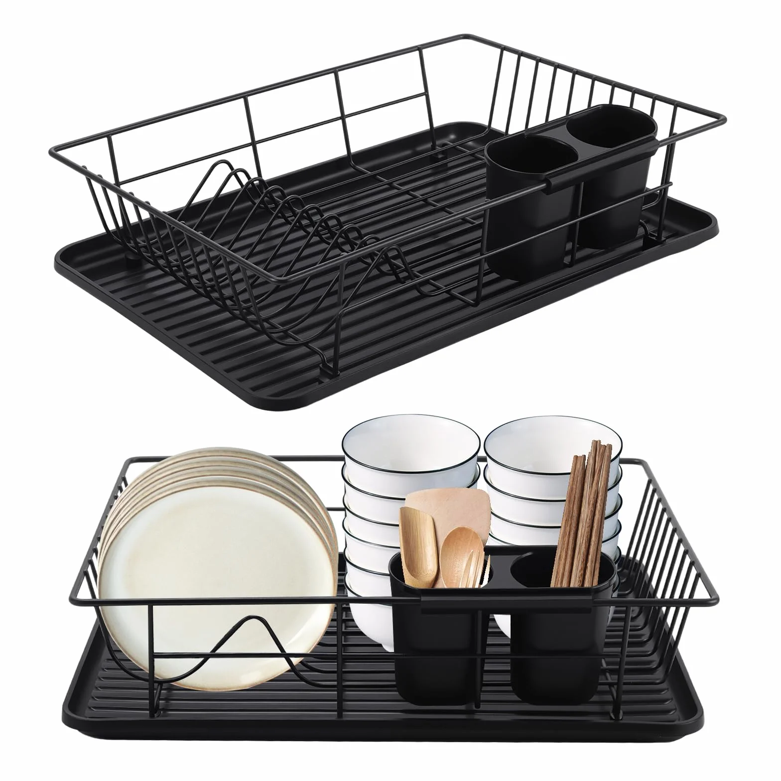 SINJEUN Paquete de 2 escurridores de platos, escurridor de fregadero, bandeja de goteo, escurridor de cocina para secado de fregadero, color negro