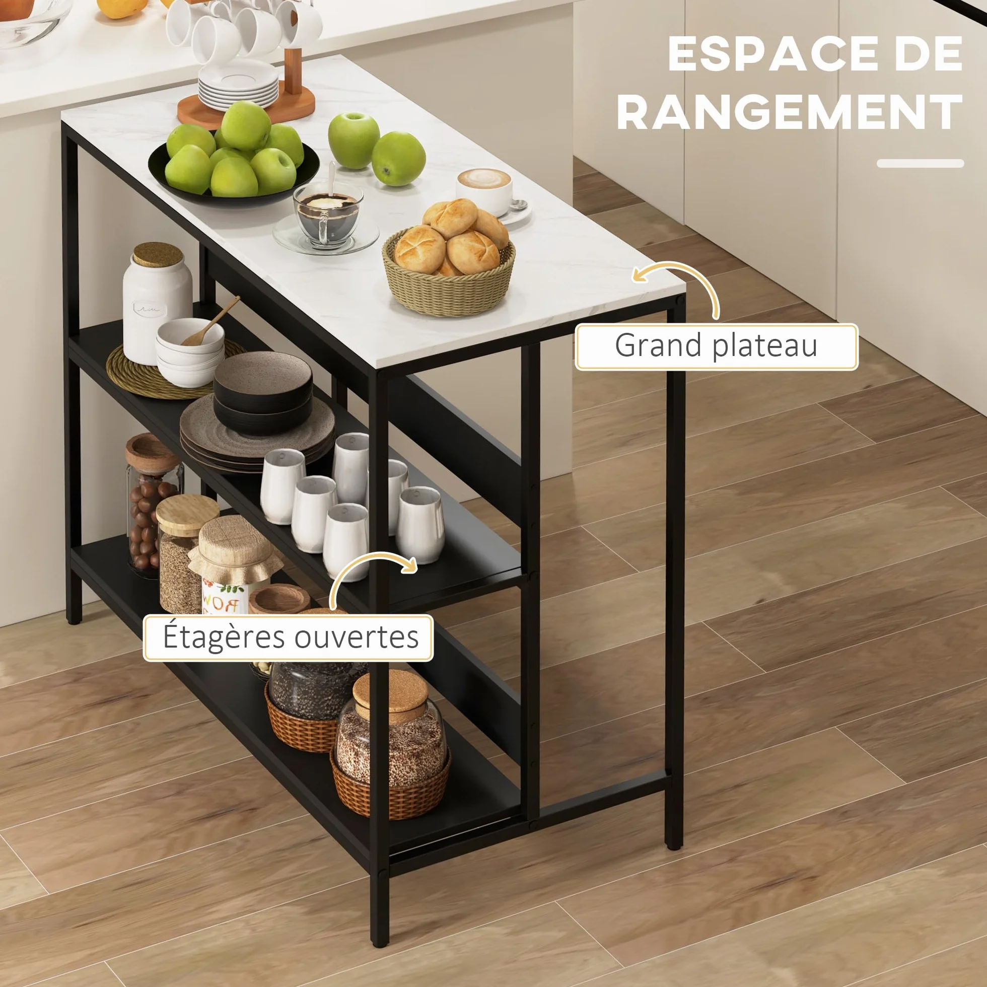 HOMCOM - Postre isla de cocina, mueble de cocina, bandeja de aspecto mármol, estructura de acero, 2 estantes, mueble de almacenamiento para salón, estilo moderno, 100 x 50 x 90 cm, color negro