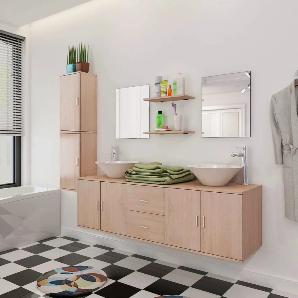 vidaXL Set Muebles Baño Lavabo Grifo Incluido Pack 11 Piezas Beige