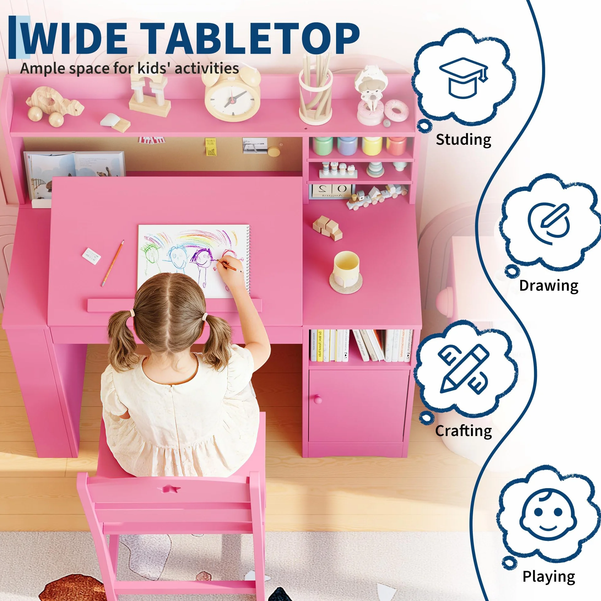 Escritorio Infantil 2 en 1 con Soporte Elevador 0-40°, Mesa y Silla de Madera con Estante y Almacenamiento
