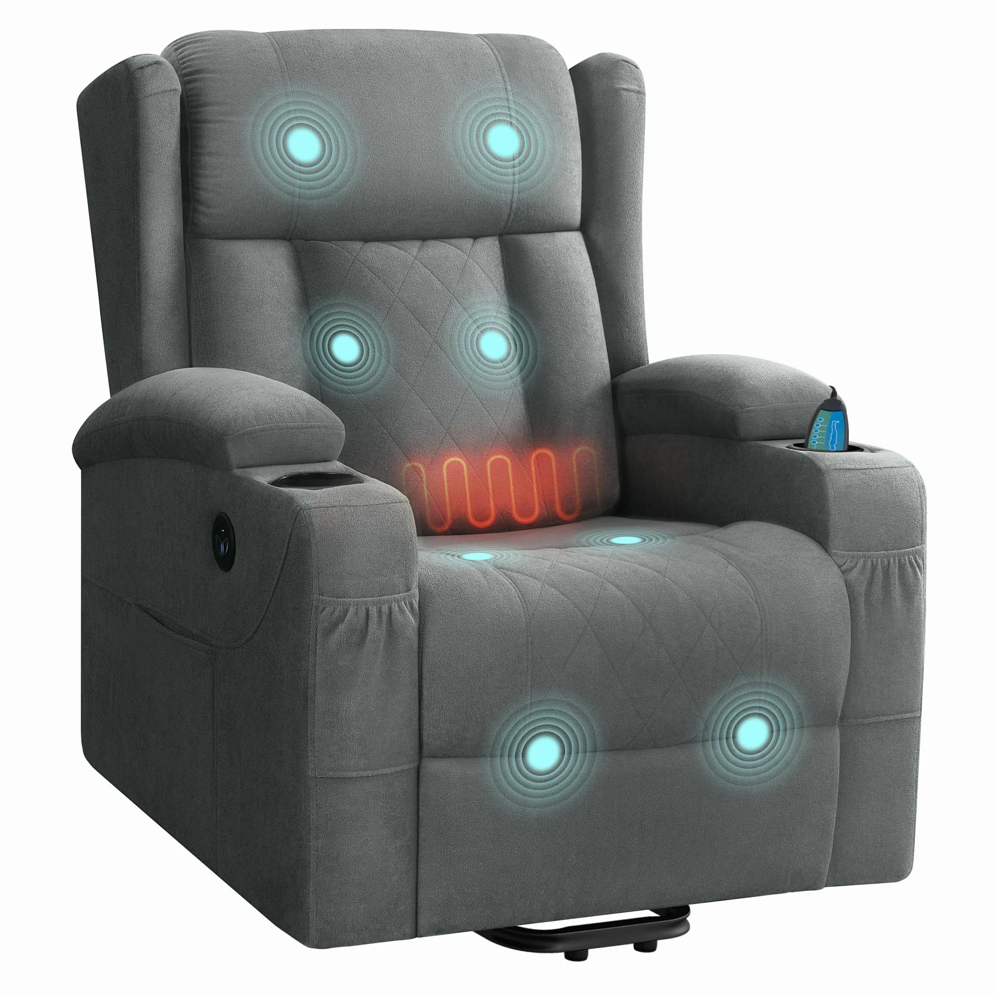 WOLTU Sillón Reclinable Eléctrico, Sillón Relax de Masaje con Ayuda para Levantarse, con Calefacción de Masaje, Reposapiés, Bolsillos, Portavasos, Puerto USB, Tela de Rizo, Gris, SKS61gr
