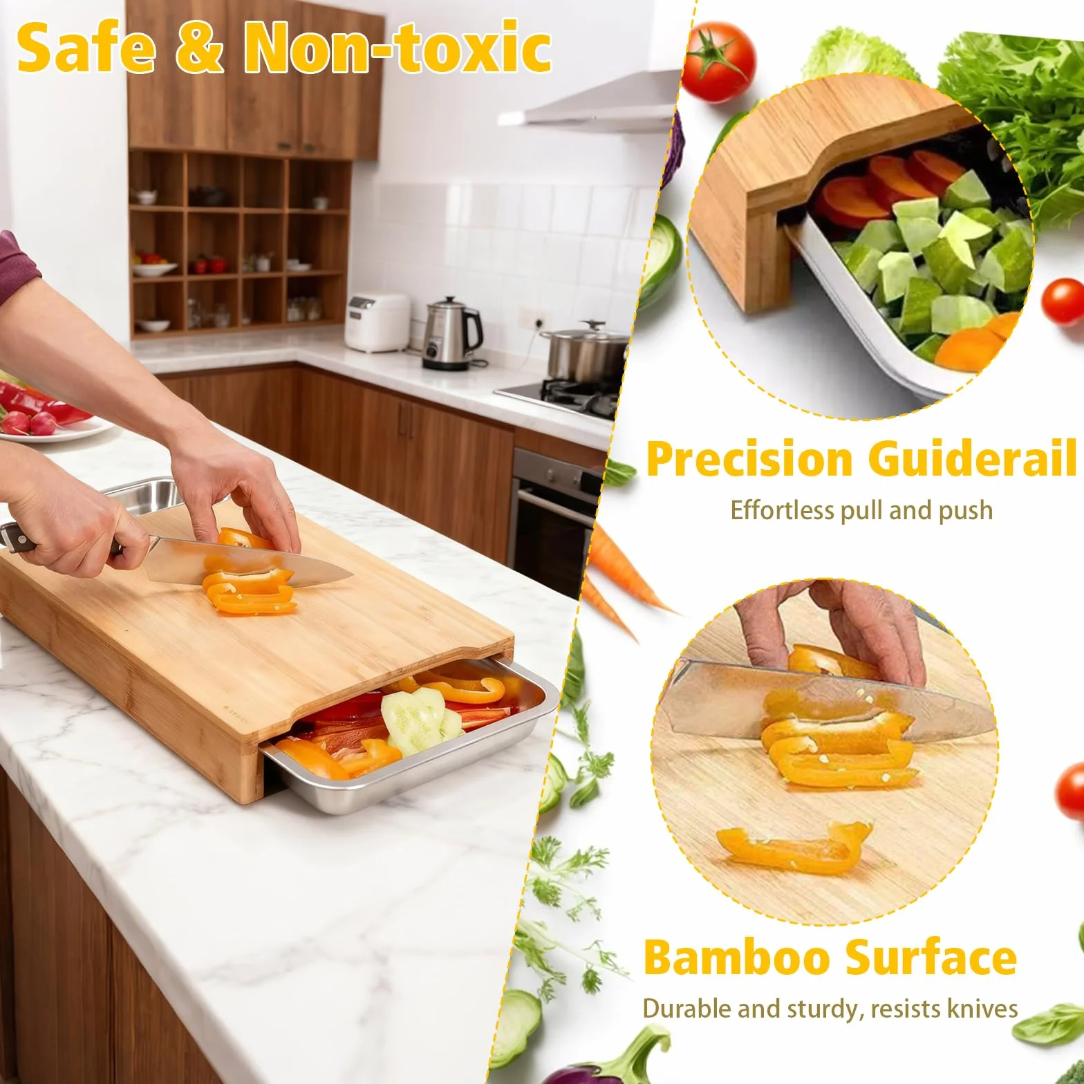 Tabla de cortar de bambú, tabla de cortar de cocina con 2 bandejas deslizantes de acero inoxidable para preparación de alimentos, carne, verduras