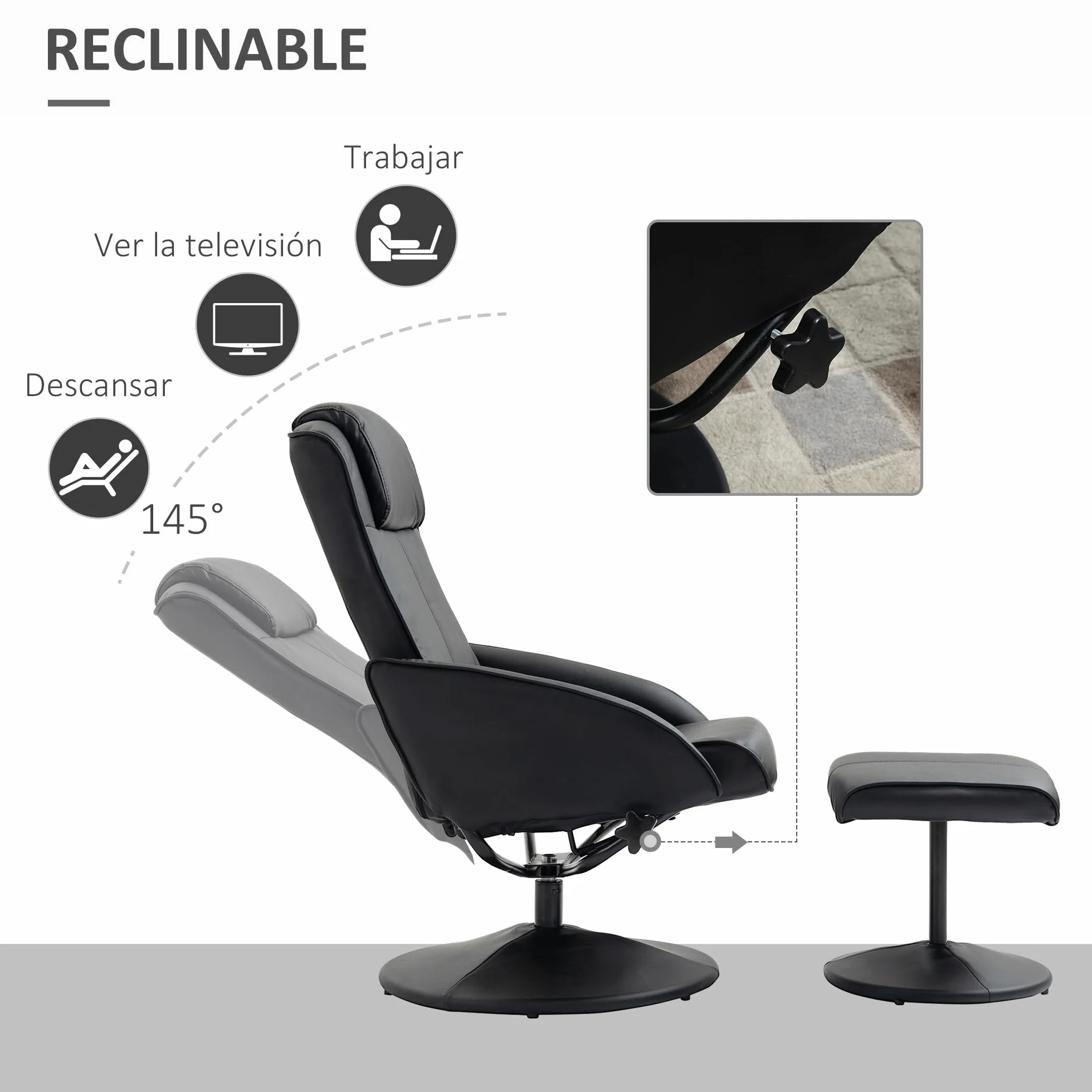 HOMCOM Sillón Reclinable con Reposapiés Sillón de Salón Giratorio con Tapizado en PU y Estructura de Acero Carga 120 kg Butaca para Dormitorio Sala de Estar Negro