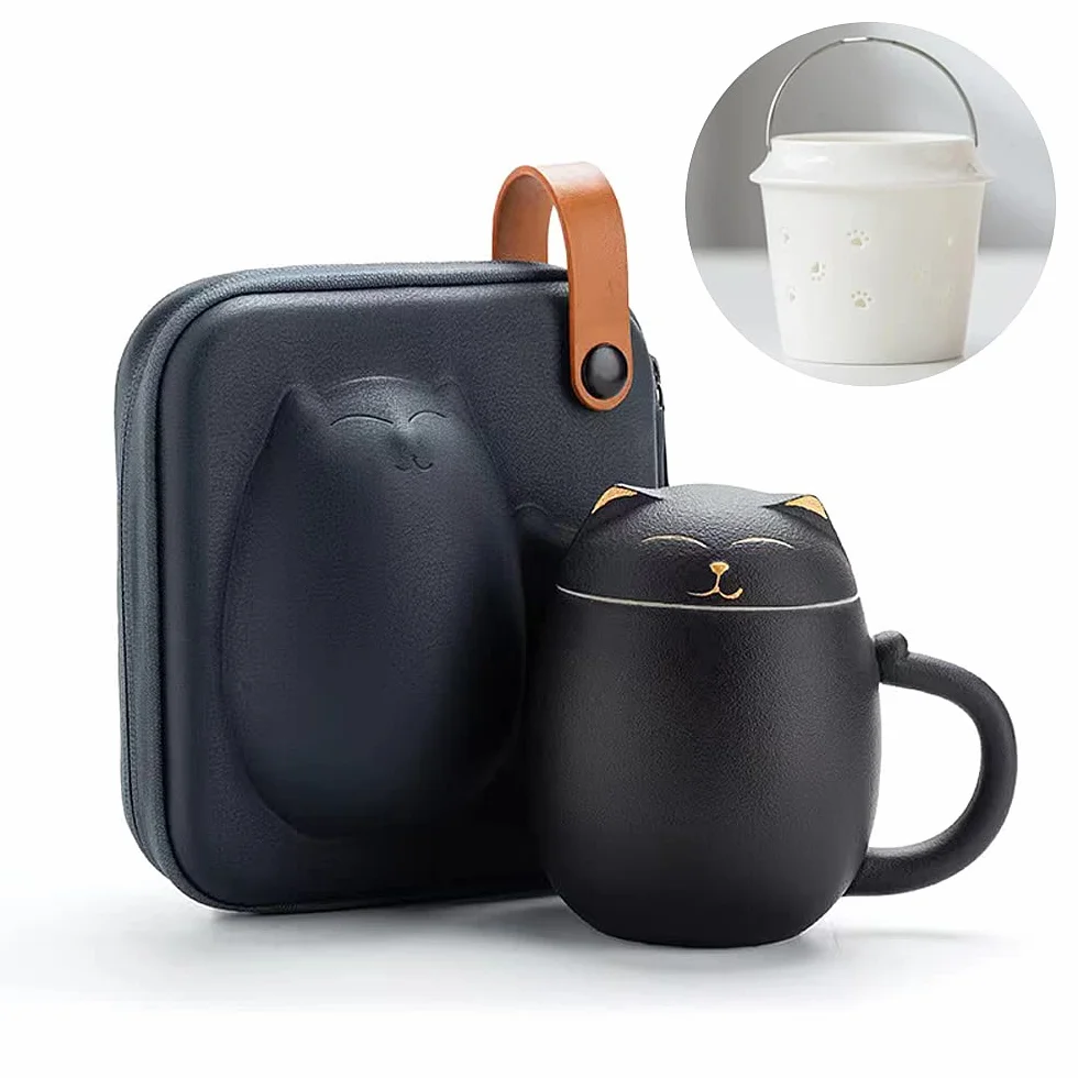 Tazas de gato con infusor y tapa, bonitas tazas de té kawaii de cerámica para remojar hojas sueltas, tetera de porcelana hecha a mano para oficina en casa, estuche portátil inastillable de 350