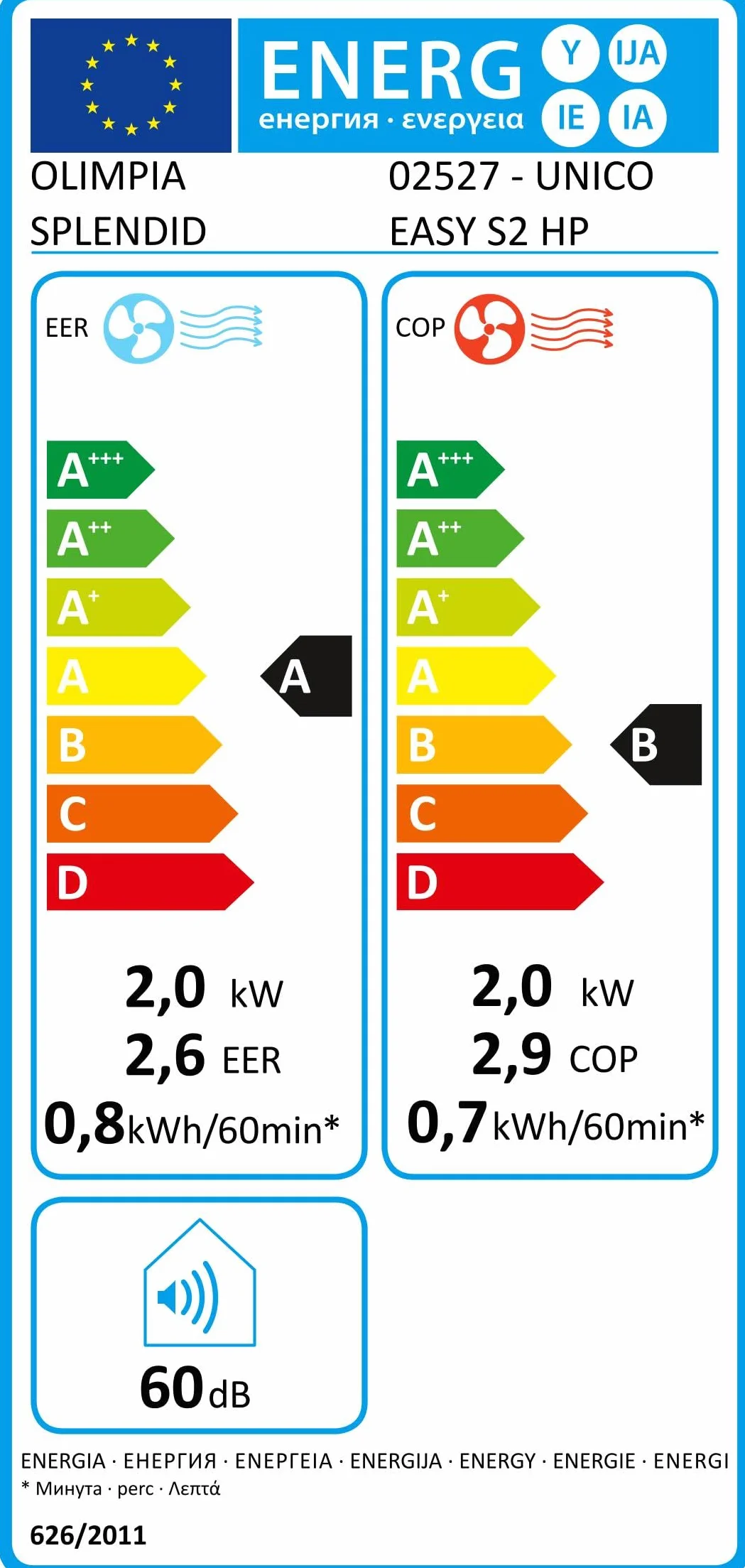 Olimpia Splendid, Unico Easy S2 HP - Bombas de calor sin unidad exterior, potencia 2,0 kW, clase A, refrigeración, calefacción, deshumidificación, ventilación, pantalla táctil