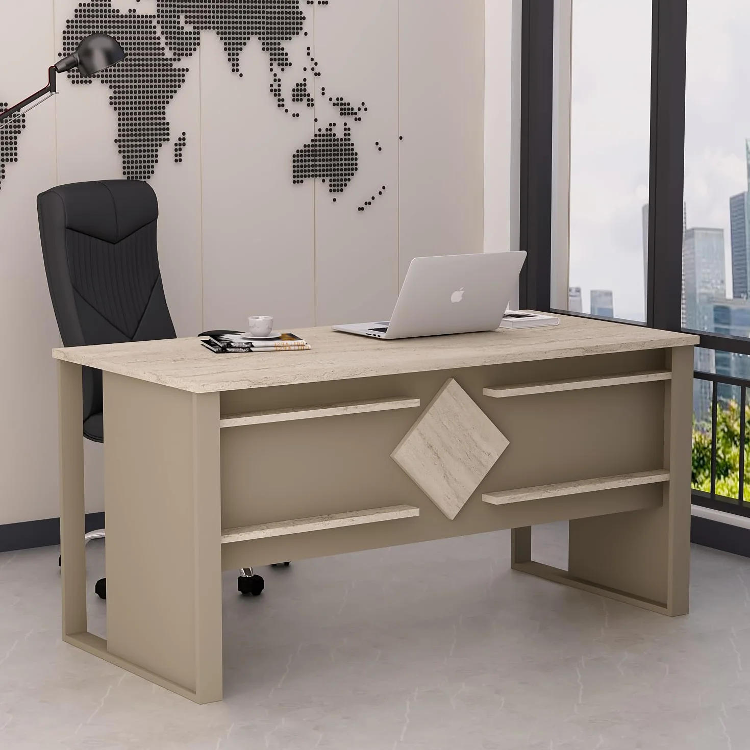 Homidea BOSS Escritorio 150 x 72 x 75,6 cm – Mesa de oficina moderna para oficina en casa o estudio (beige travertino)