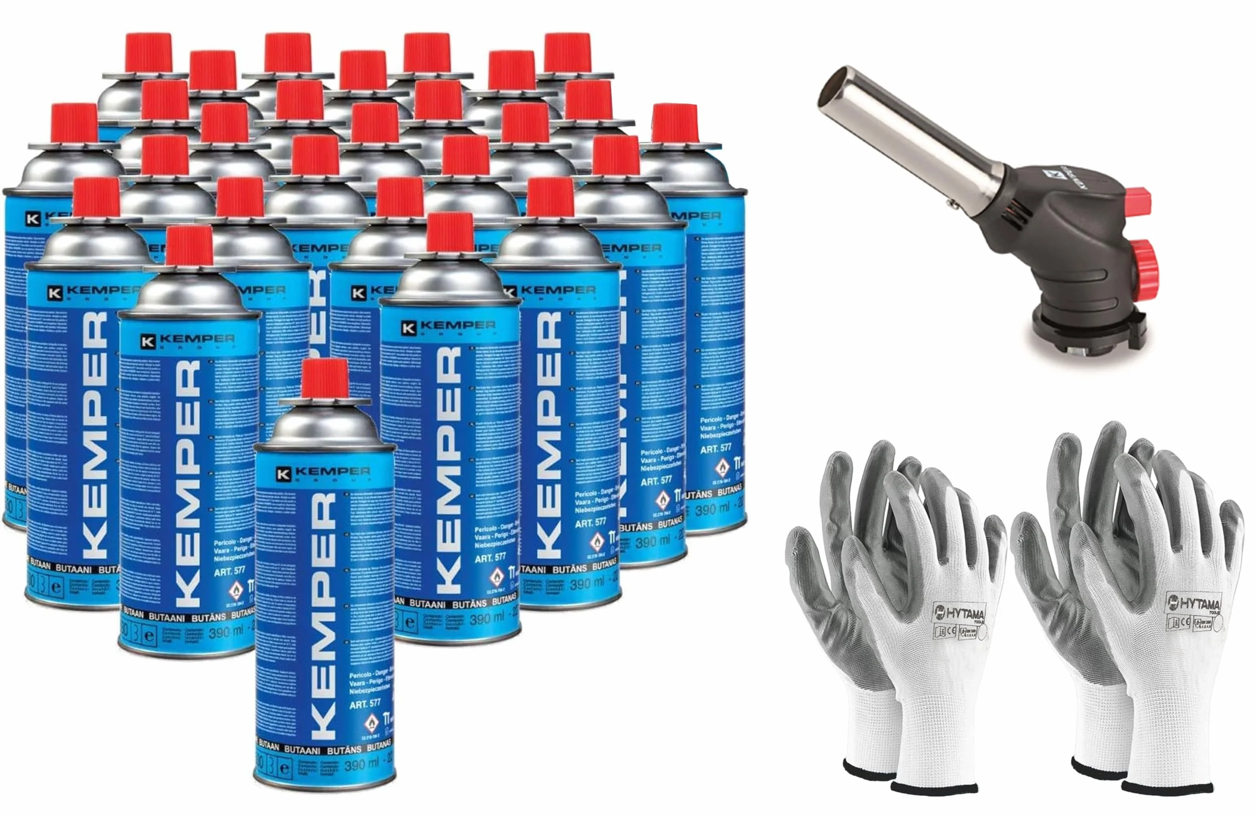 Kemper - Soplete de gas, soplete de cocina, caramelizador + recarga de gas butano de 227 g, multifunción + 2 pares de guantes de regalo (27 butano + canel)
