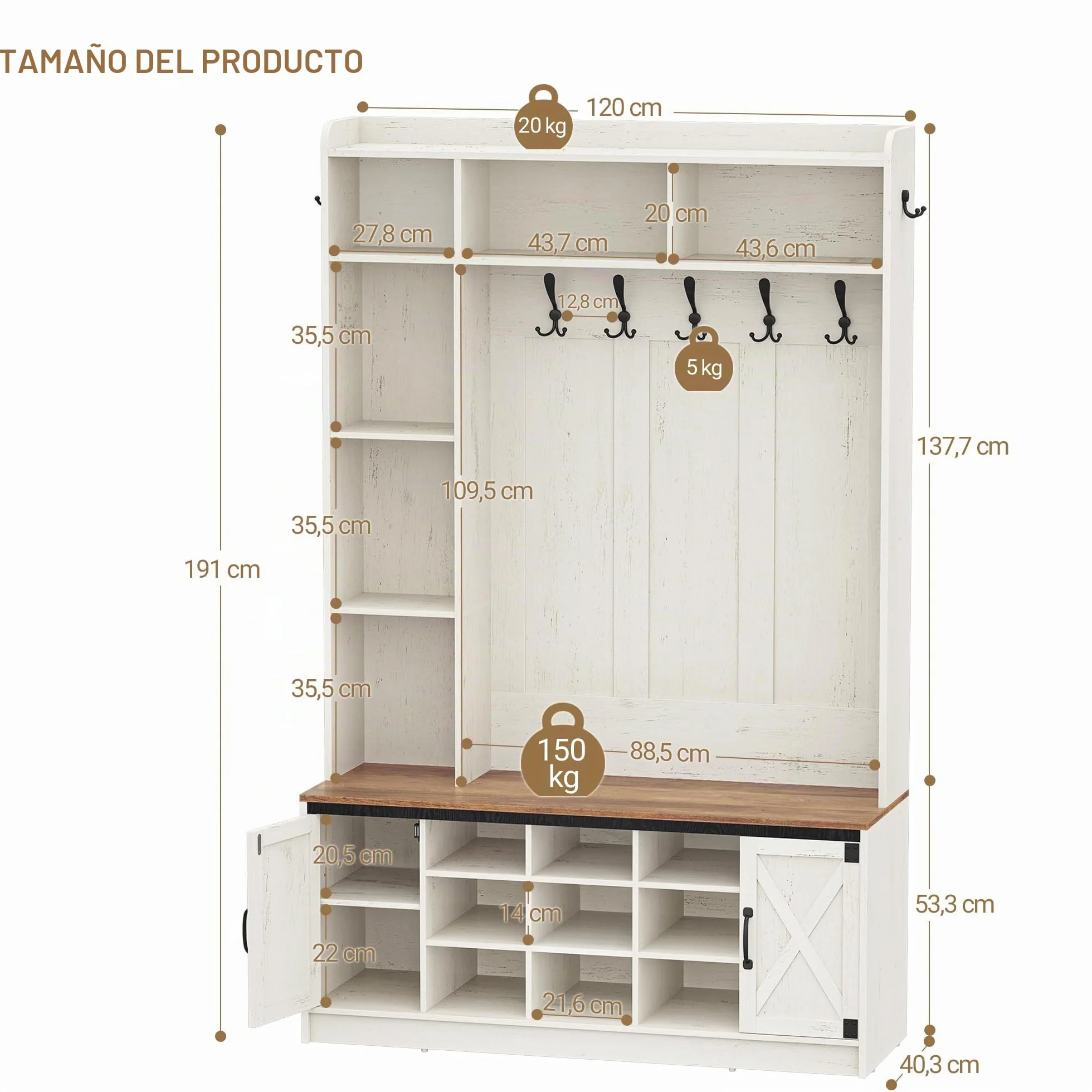 Hzuaneri Perchero LED con Banco de Zapatos, Mueble de Entrada, Estantes Ajustables, 15 Compartimentos Abiertos, 7 Ganchos, para Entrada, Pasillo, Blanco y Marrón HT24614XEU