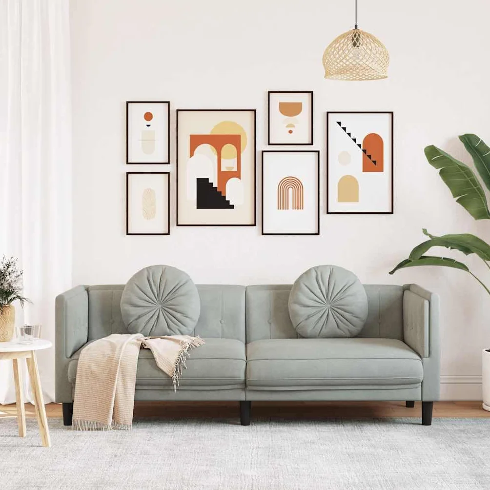 Sofá de 3 plazas con cojines en terciopelo gris claro, sofá de lujo suave para salón con acolchado cómodo y patas de apoyo estables