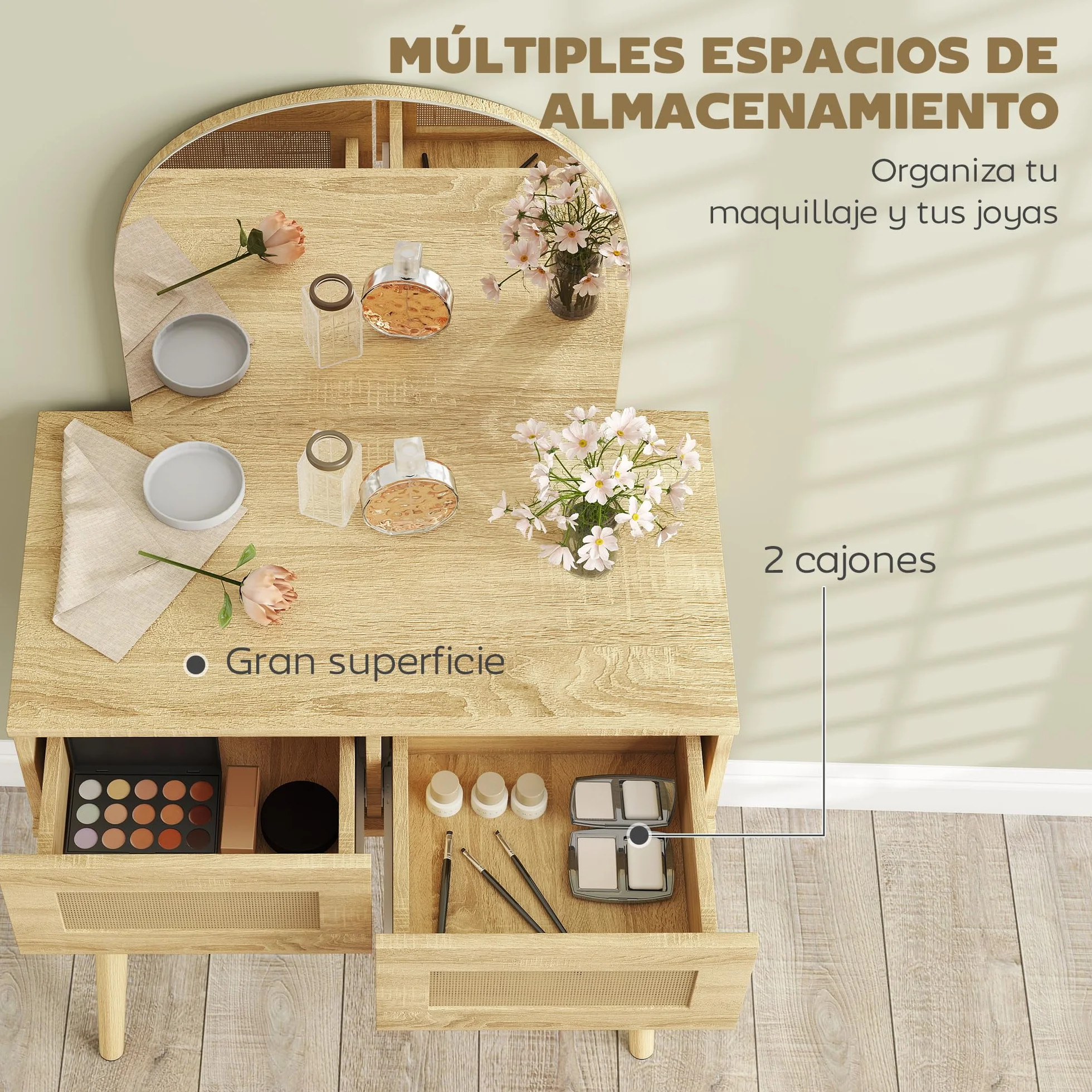 HOMCOM Tocador con Espejo Arqueado, Mesa de Maquillaje Moderna con 2 Cajones con Frontal de Ratán, Tocador de Maquillaje para Dormitorio, Espacios Pequeños, Natural
